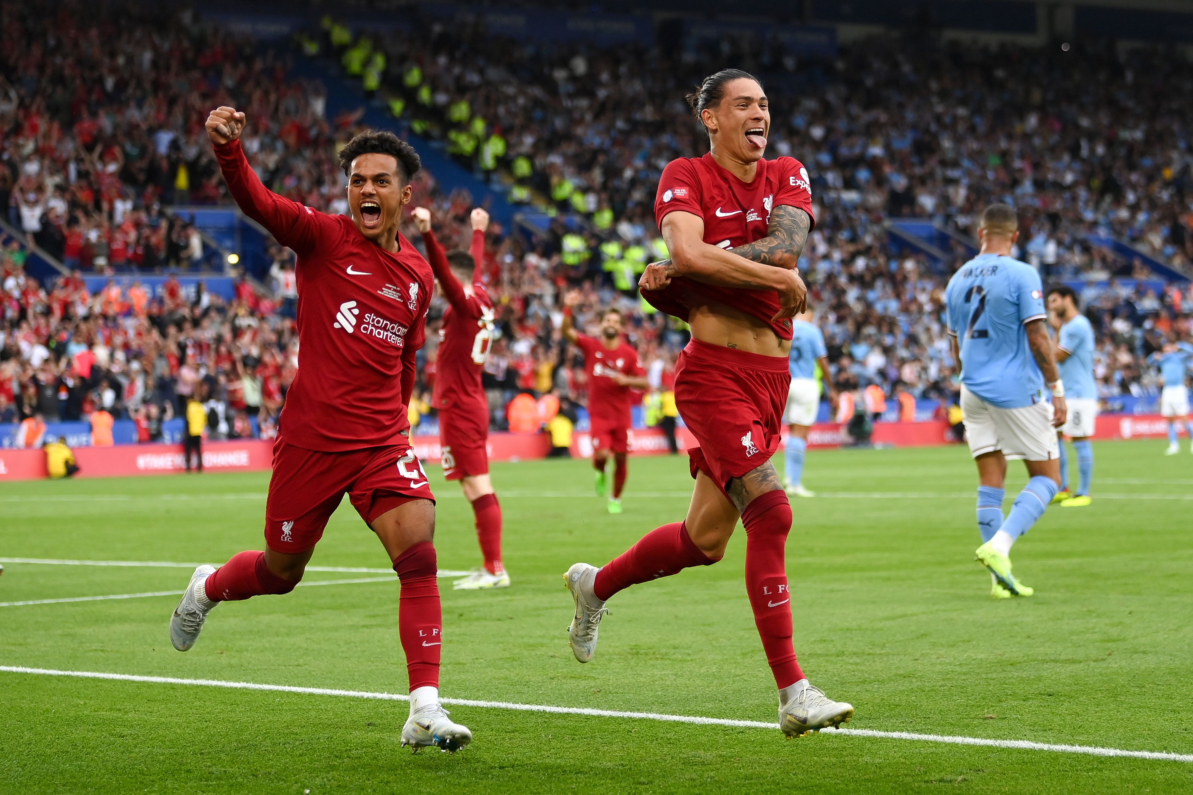 Liverpool's Fabio Carvalho and Darwin Nunez celebrate
