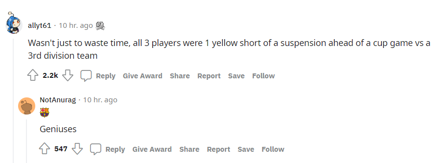 A Reddit comment in response to Mamelodi Sundowns' time wasting video