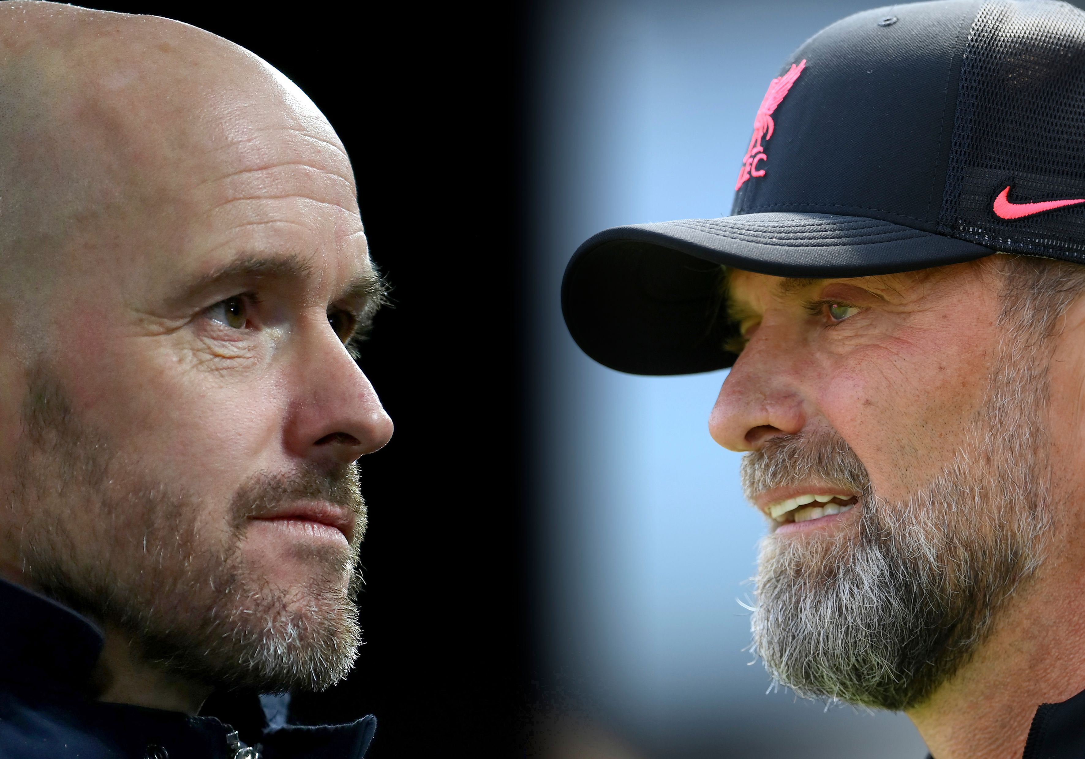  Erik ten Hag of Manchester United and Juergen Klopp, Manager of Liverpool. 