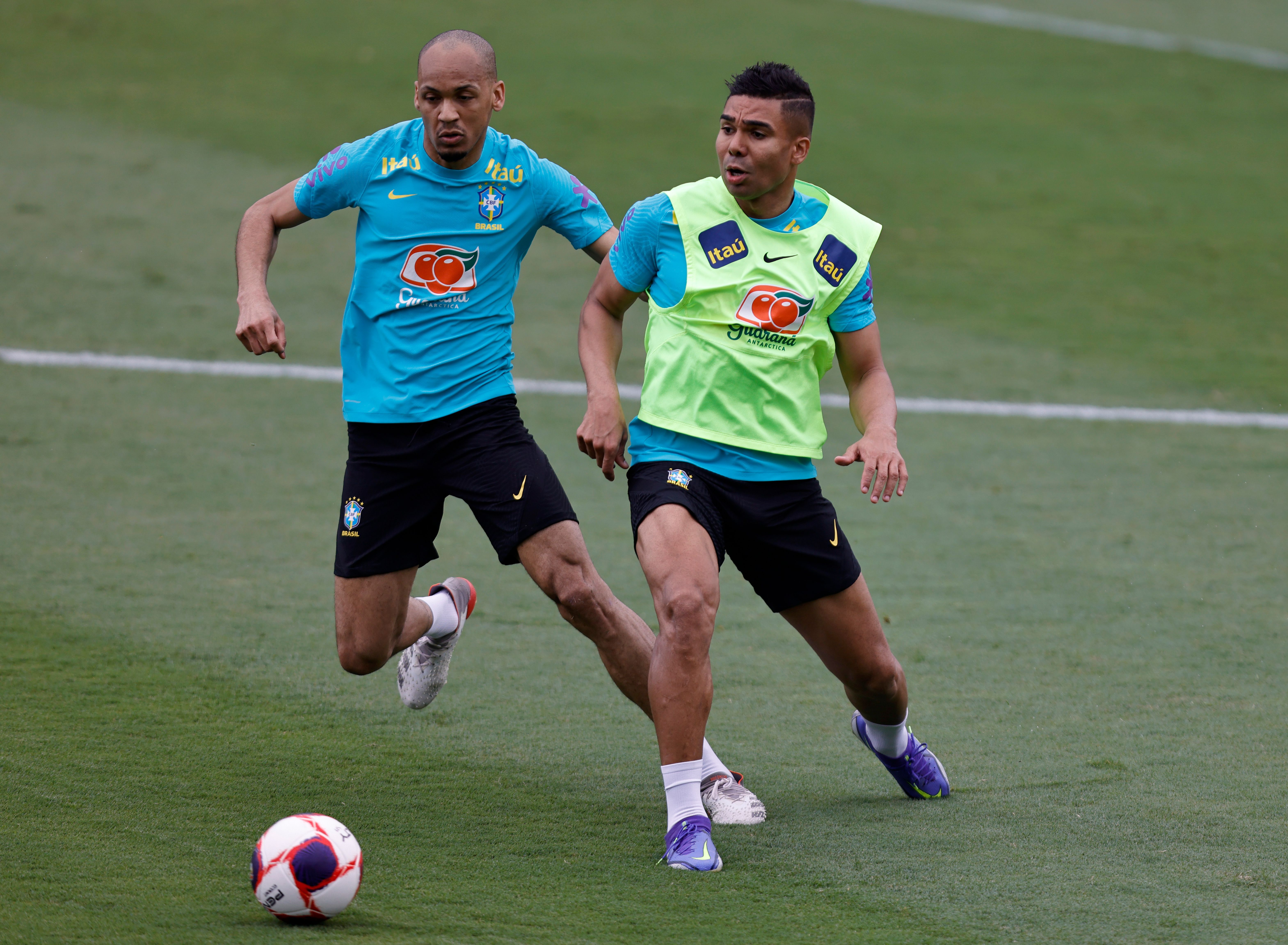 Casemiro and Fabinho during a Brazil training session