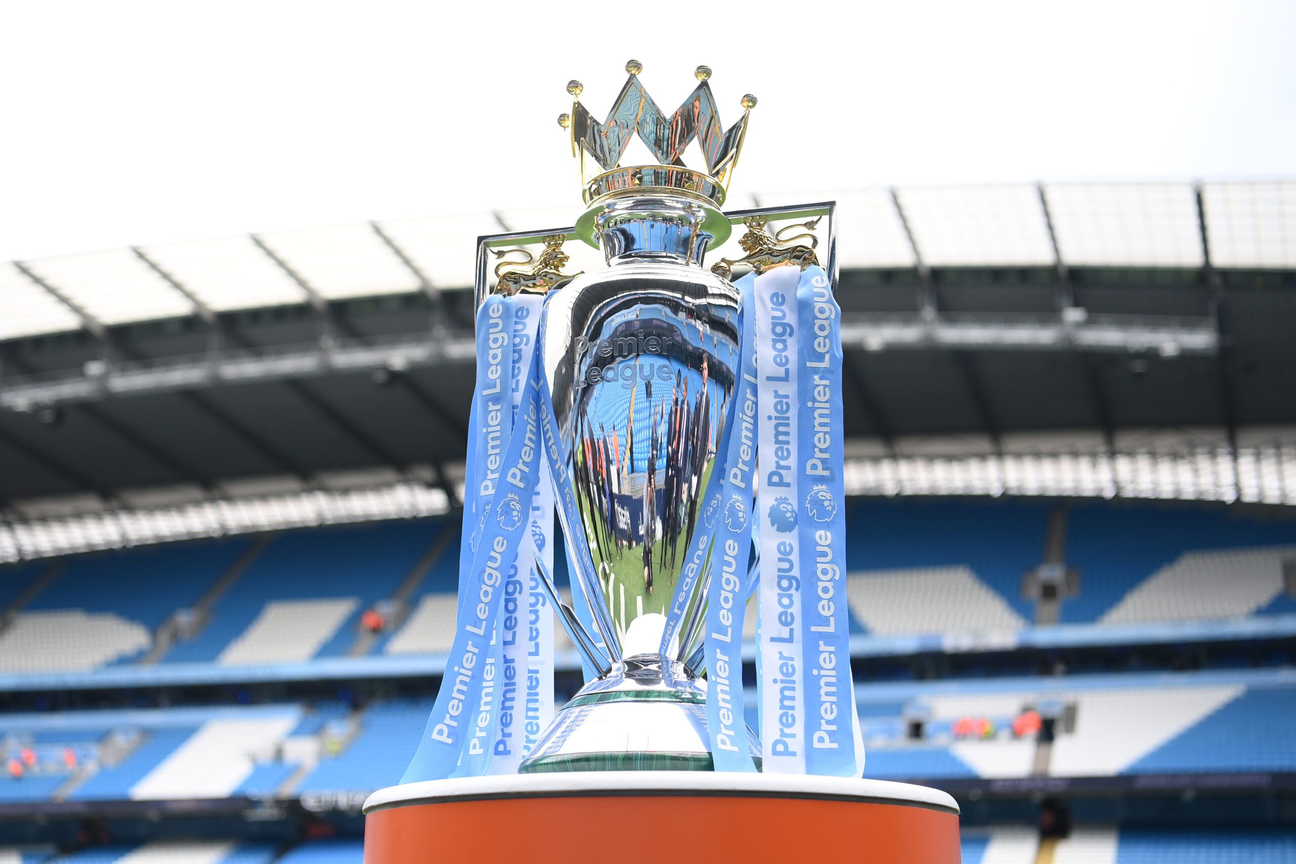 A detailed view of the Premier League trophy