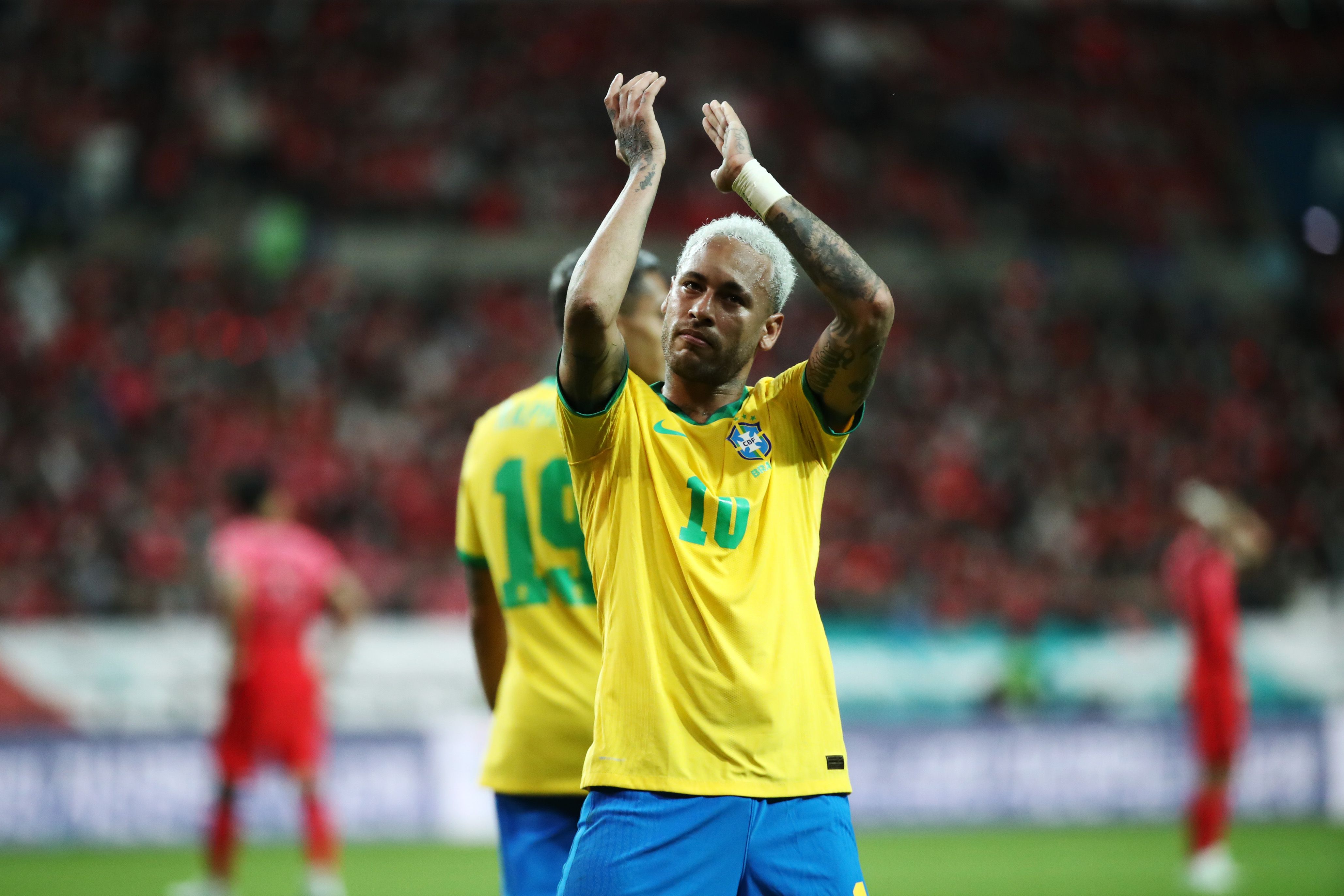 Neymar celebrates a goal for Brazil vs South Korea