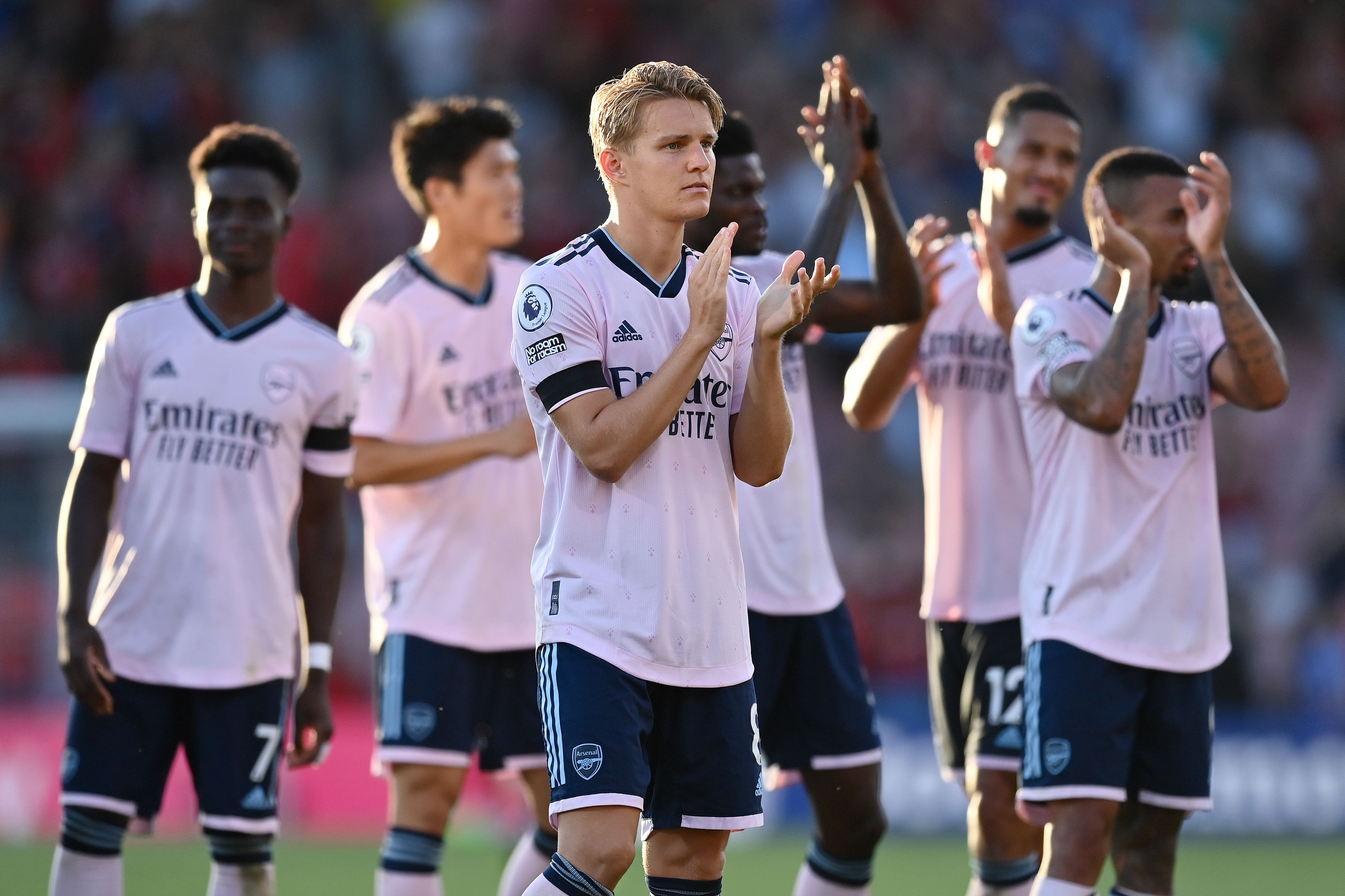 Martin Odegaard of Arsenal interacts with the crowd
