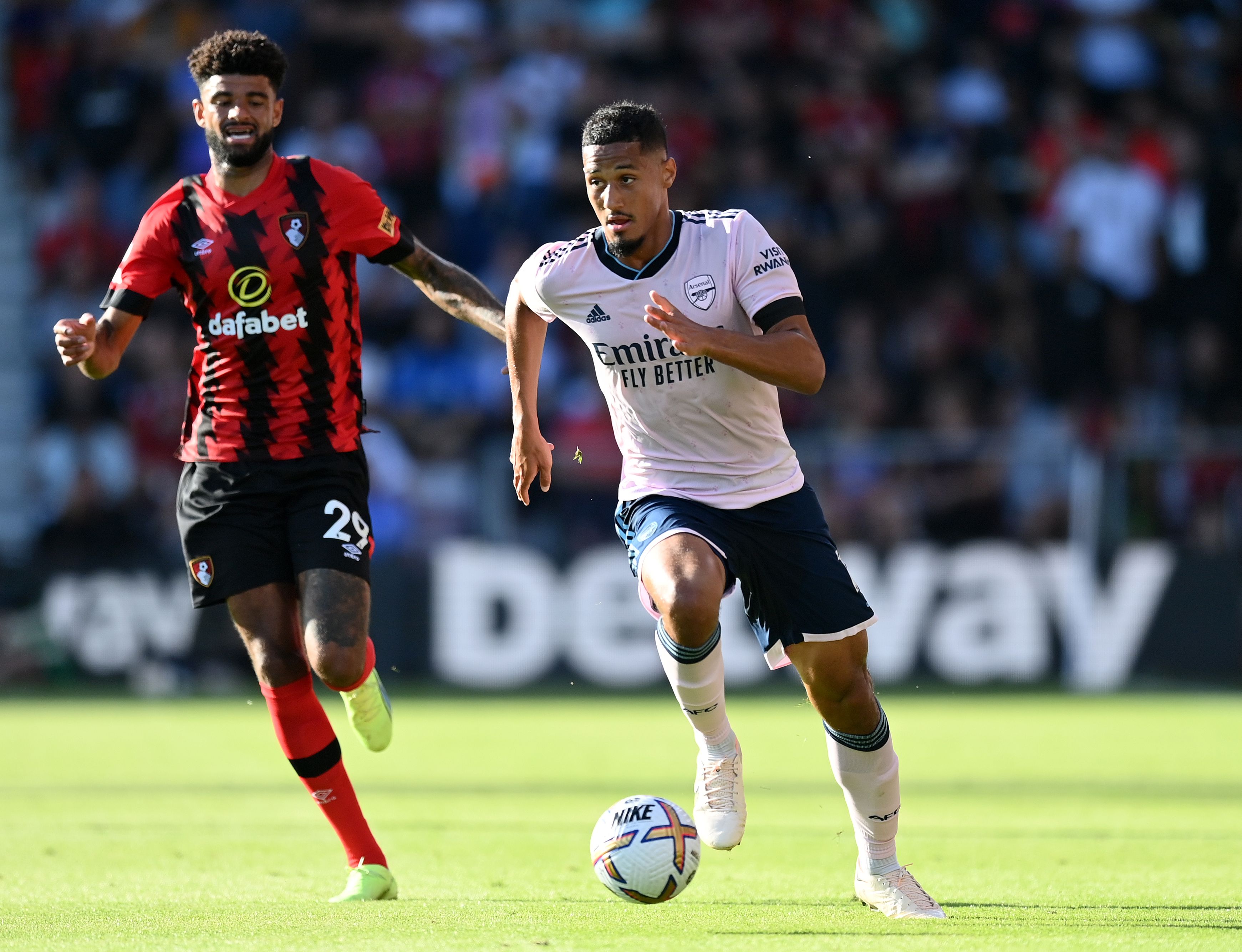 William Saliba of Arsenal makes a break during the Premier League match between AFC Bournemouth and Arsenal FC