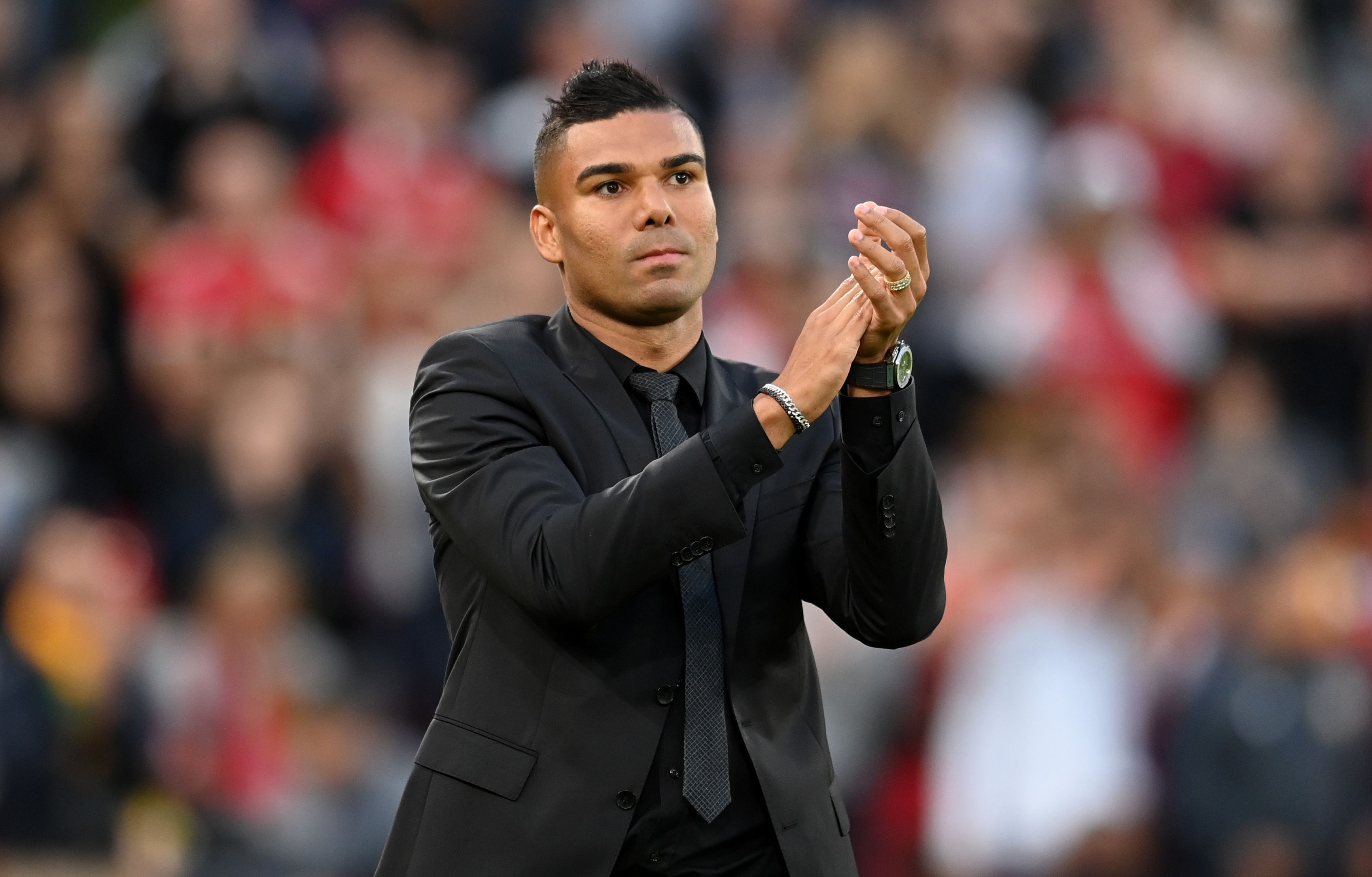 New signing, Casemiro of Manchester United applauds the fans 