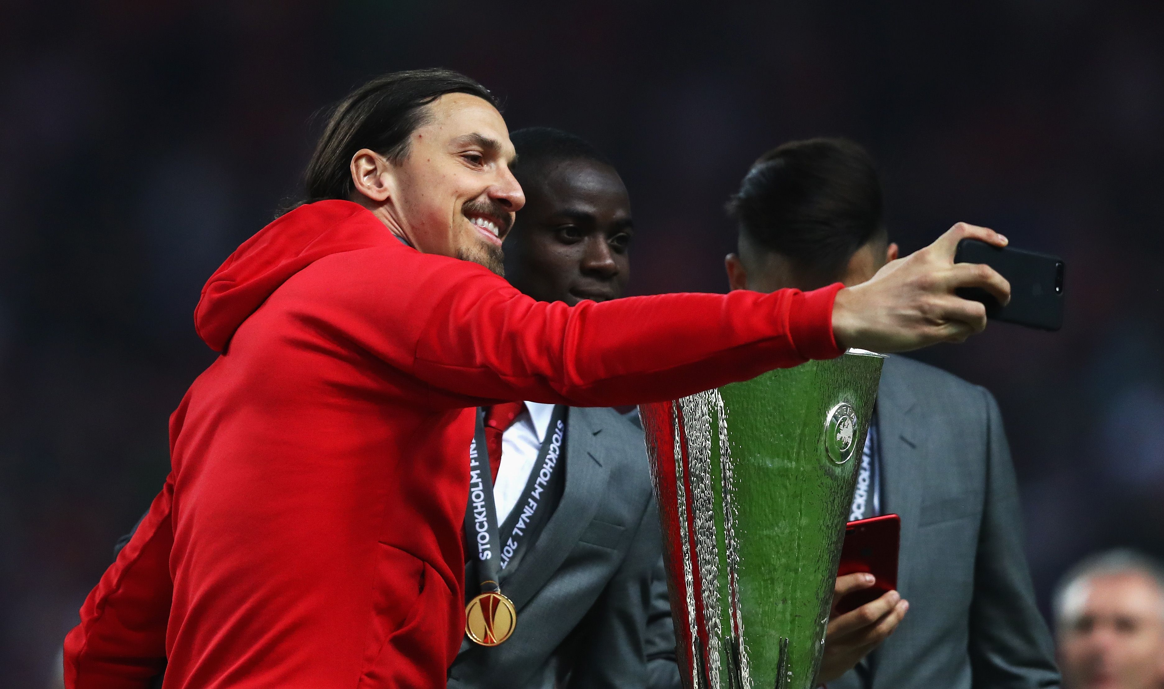 Zlatan Ibrahimovic and Eric Bailly celebrating Man Utd's Europa League win