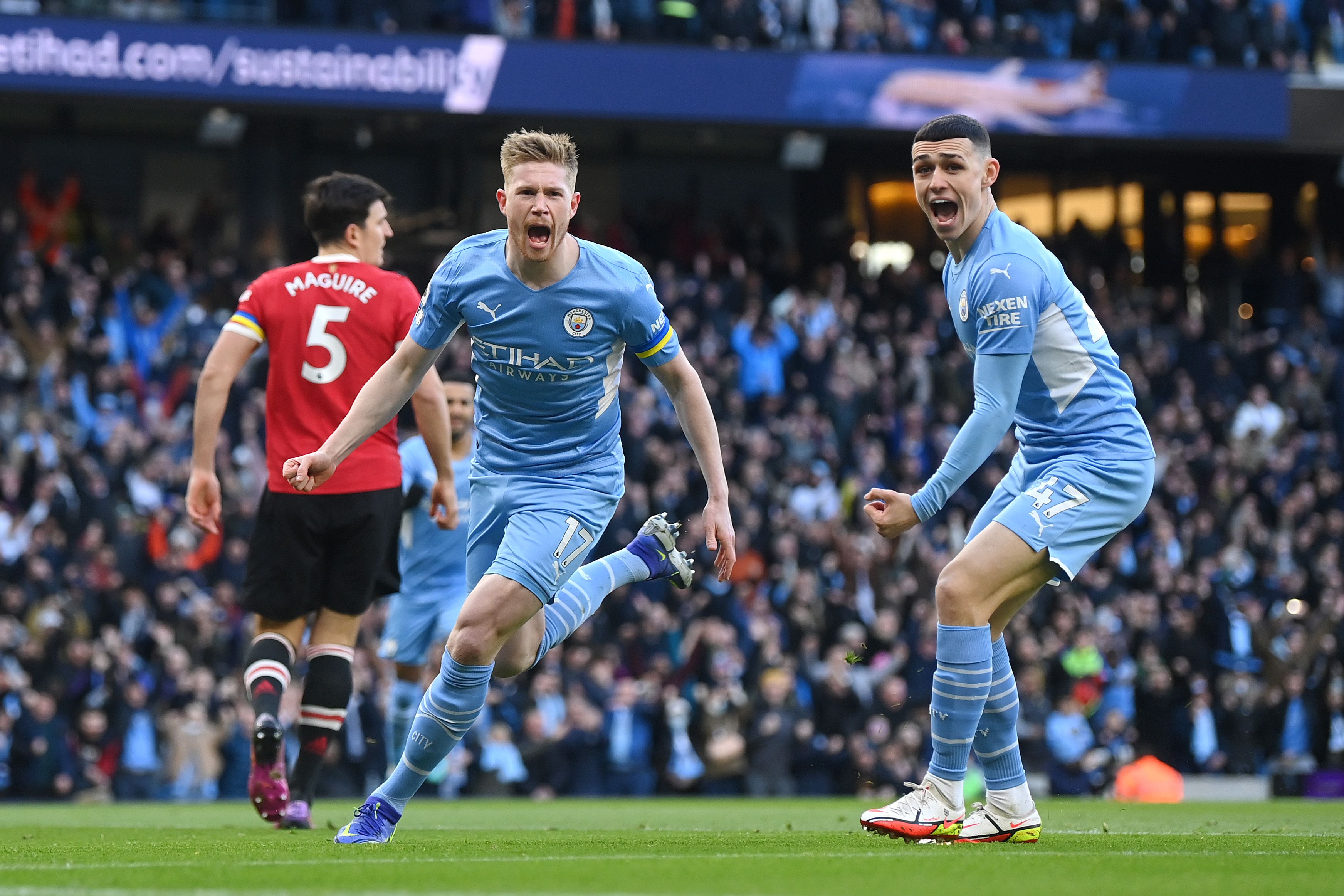  Kevin De Bruyne of Manchester City celebrates after scoring their sides first goal 