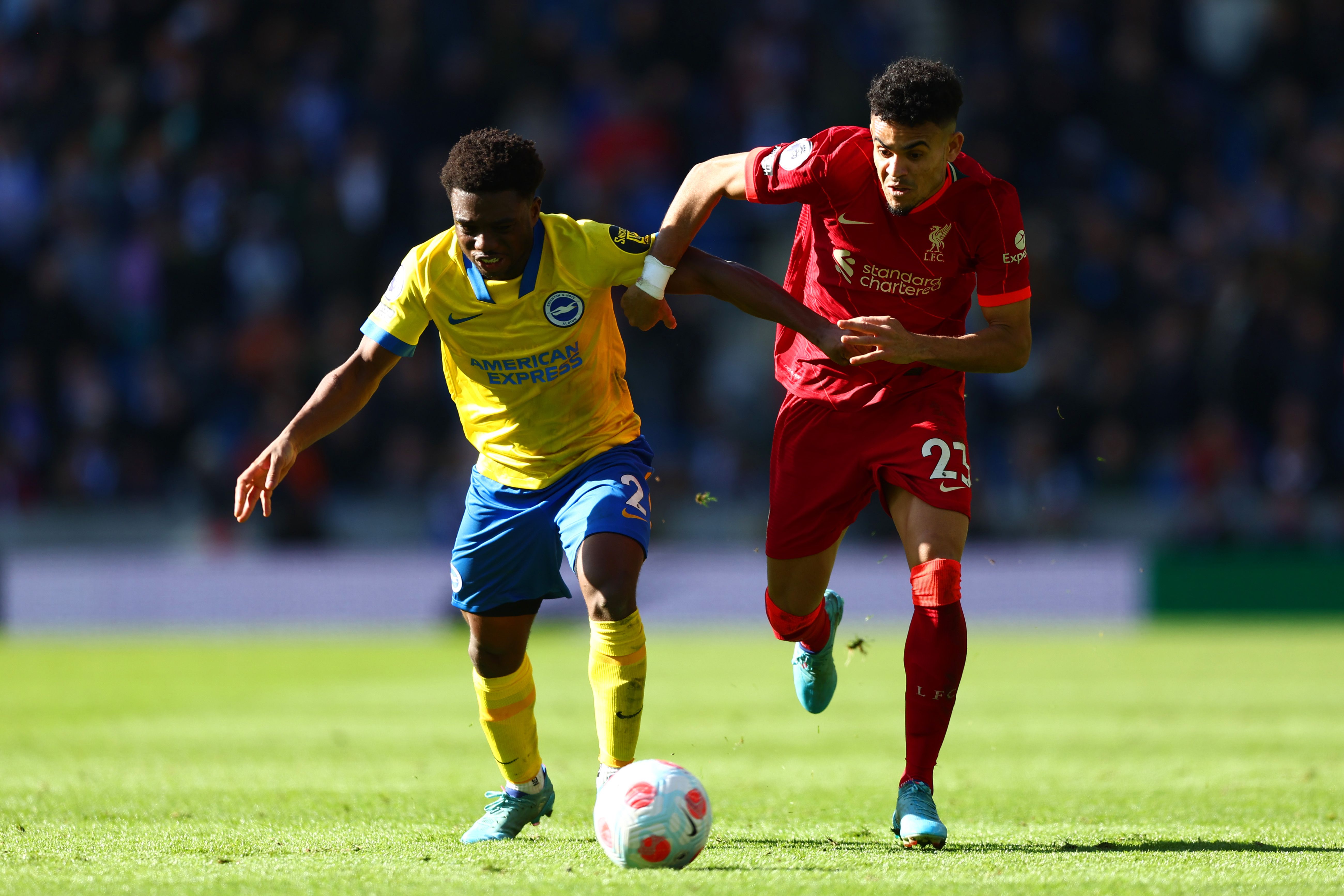 Tariq Lamptey of Brighton &amp; Hove Albion battles for possession with Luis Diaz of Liverpool 
