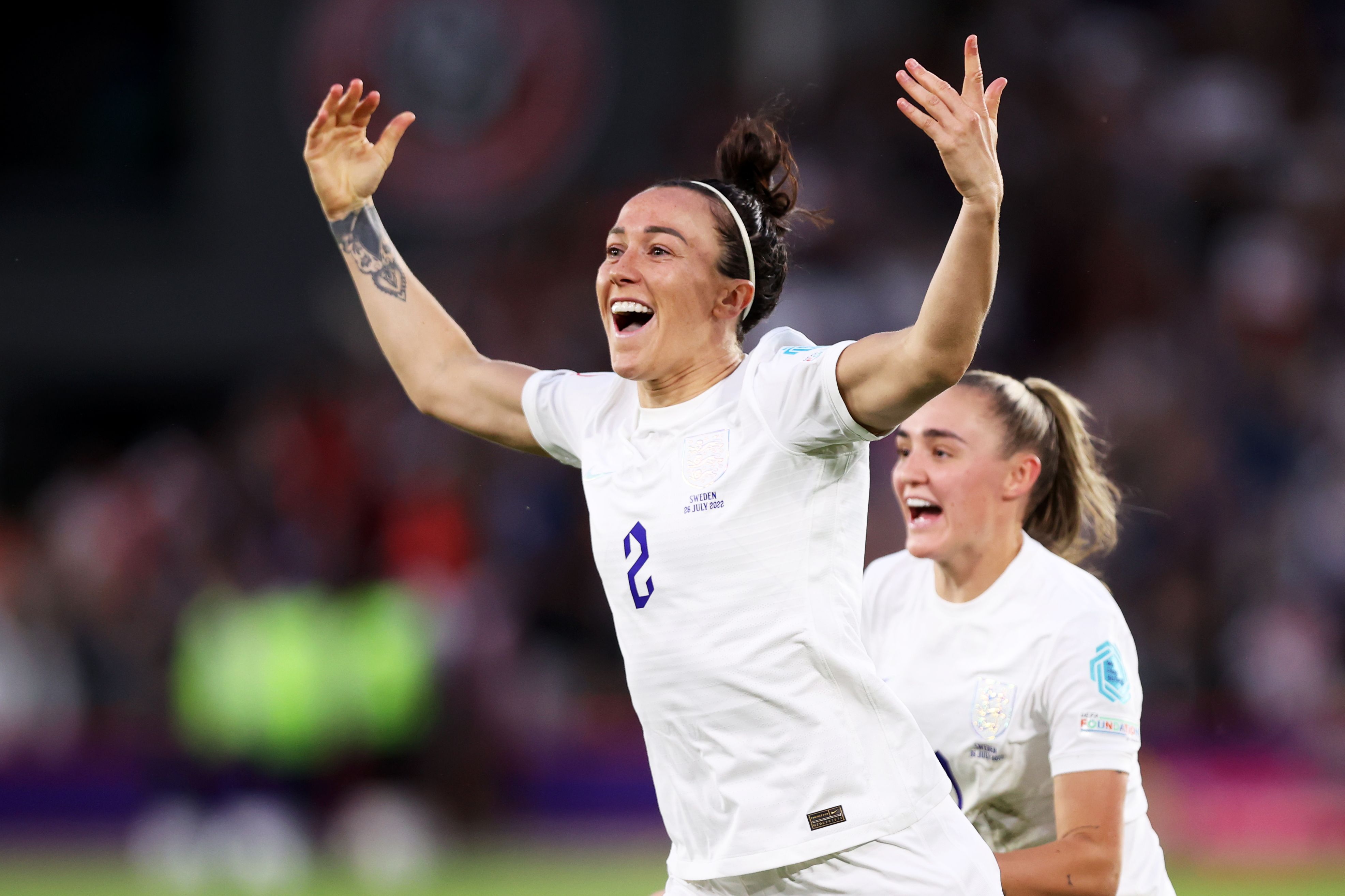 Lucy Bronze celebrates scoring against Sweden at Euro 2022