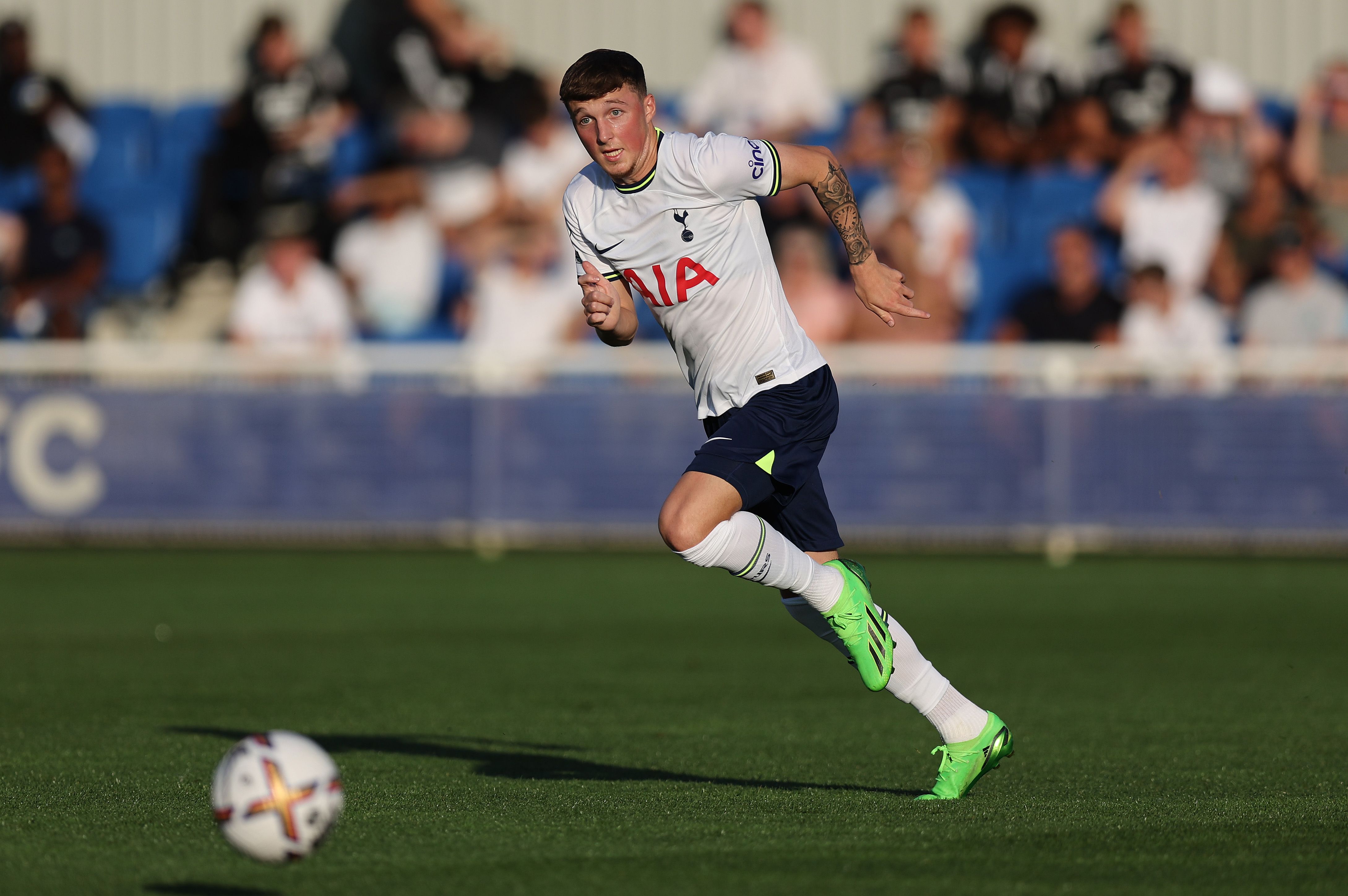 Alfie Devine of Tottenham Hotspur during the Premier League 2 match between Leicester City U23 and Tottenham Hotspur U23 at Leicester City FC Training Ground on August 08, 2022 in Sileby, England.