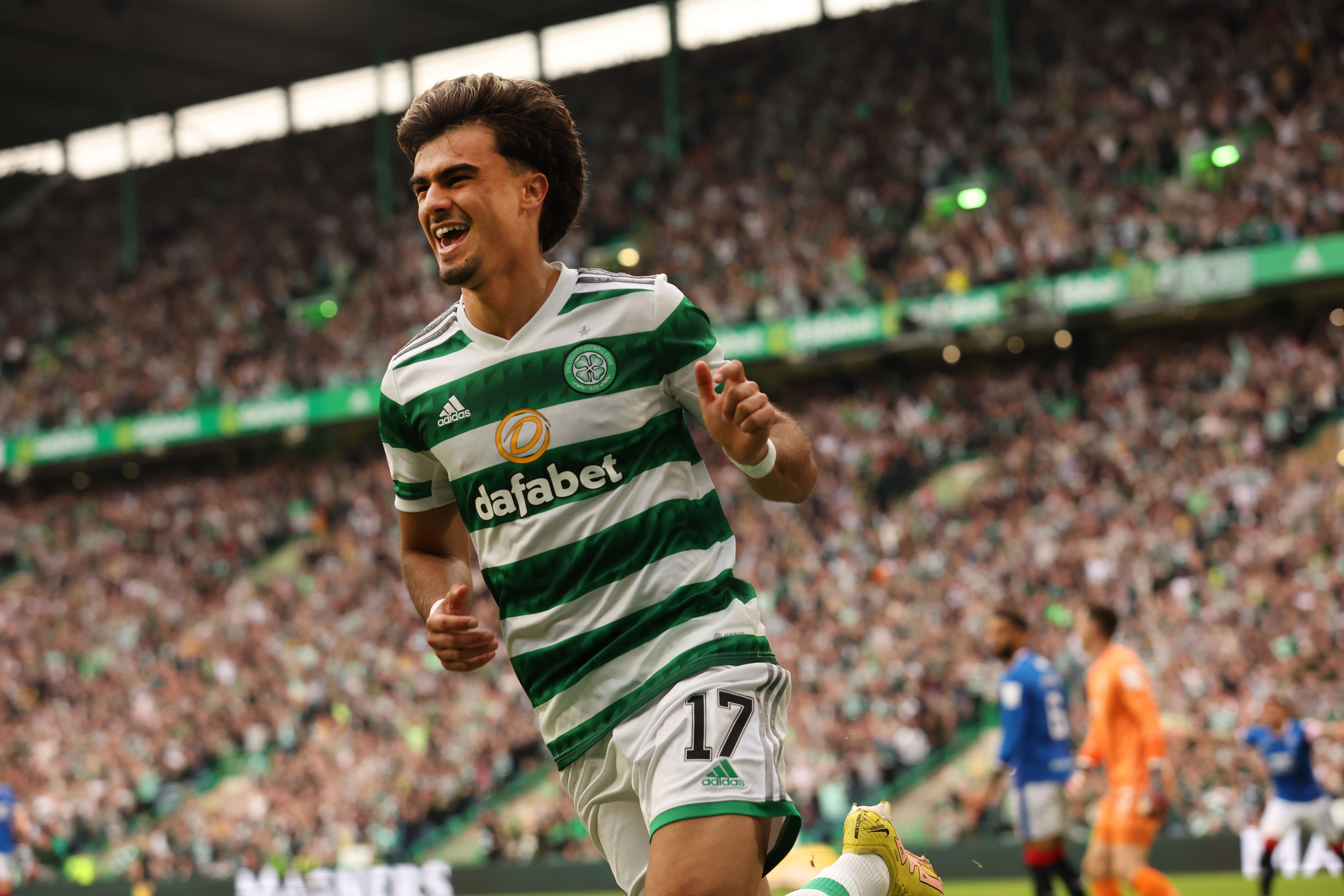 Joao Neves Filipe Jota of Celtic celebrates scoring the second goal during the Cinch Scottish Premiership match between Celtic FC and Rangers FC at on September 03, 2022 in Glasgow, Scotland