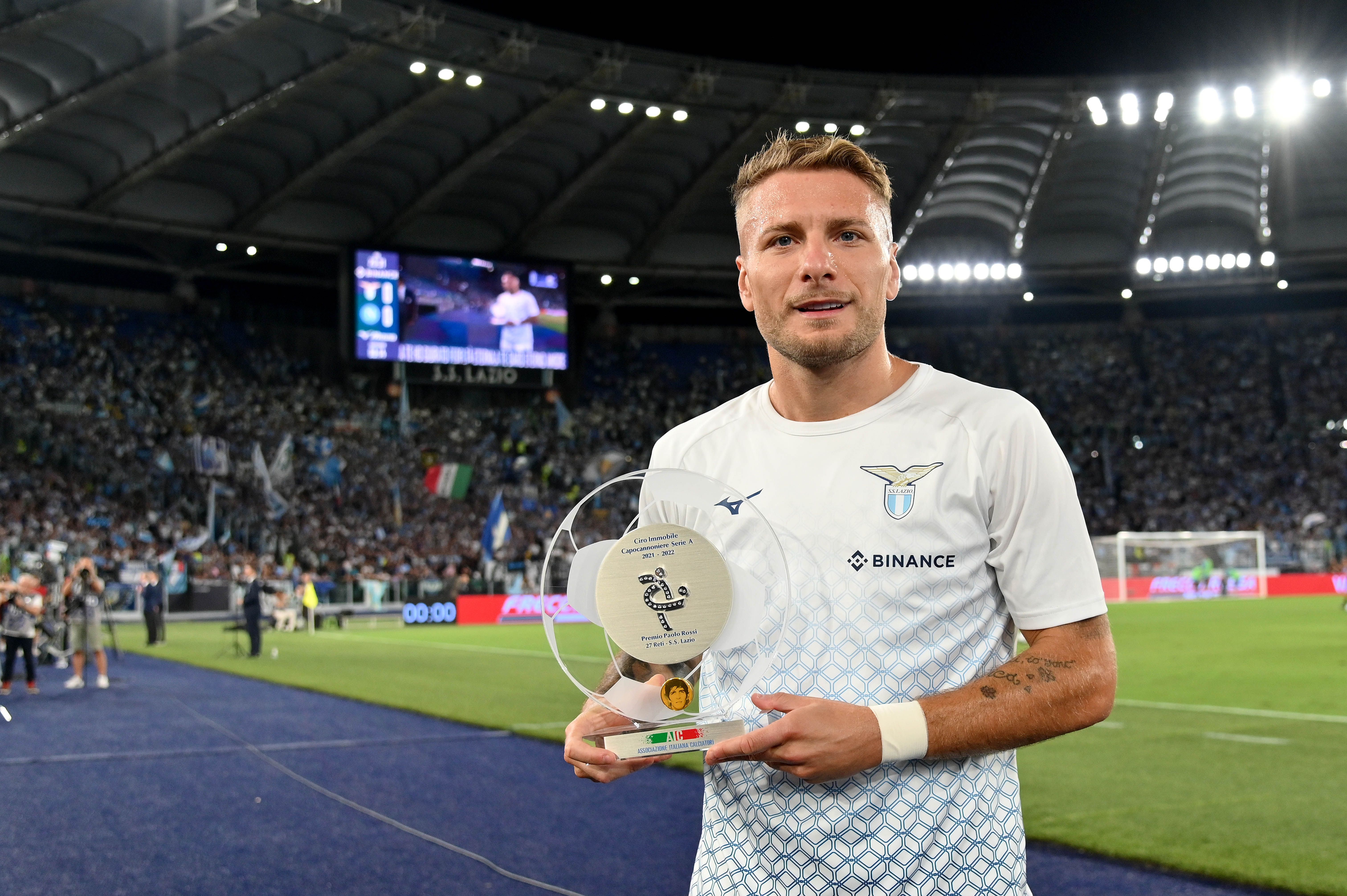 Lazio's Ciro Immobile poses with award