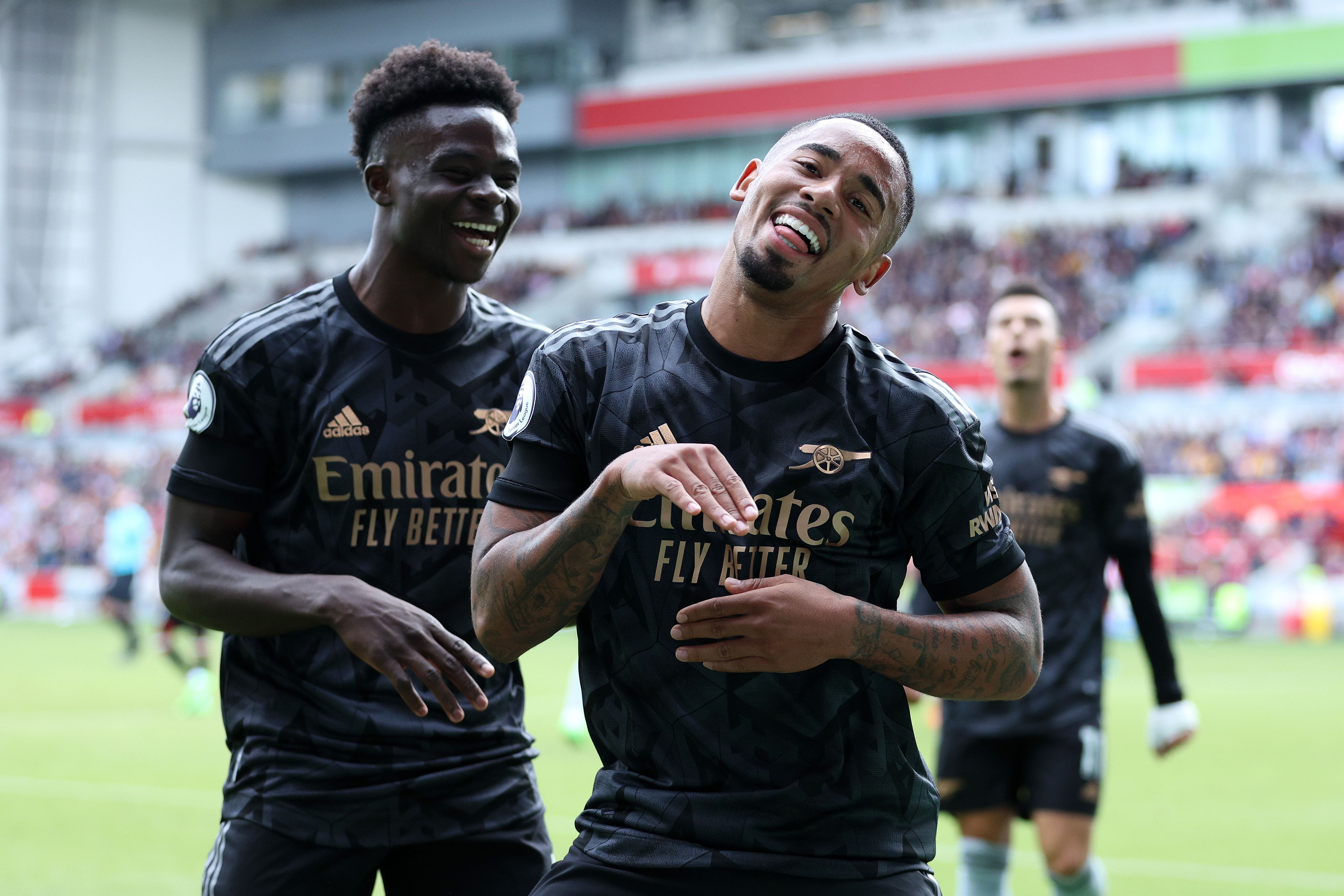Gabriel Jesus of Arsenal celebrates scoring a goal during the Premier League match between Brentford FC and Arsenal FC at Brentford Community Stadium