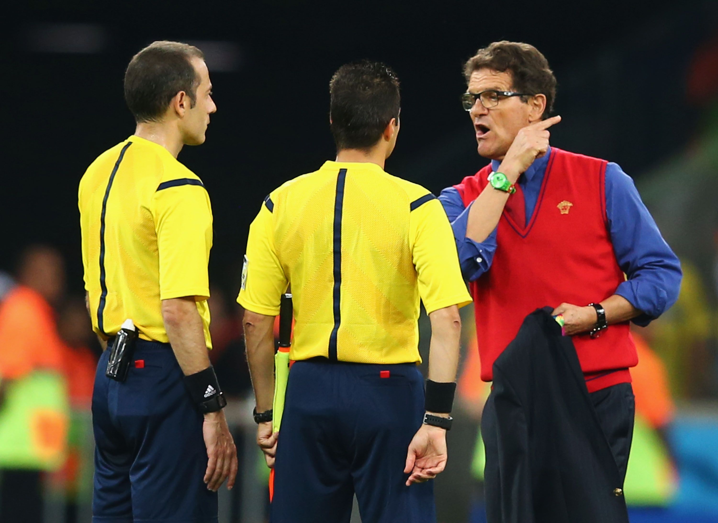 Fabio Capello argues with officials during 2014 World Cup