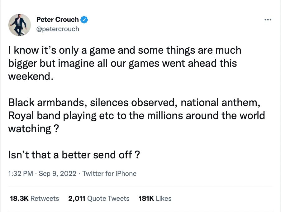 Peter Crouch's tweet after Queen Elizabeth II dies