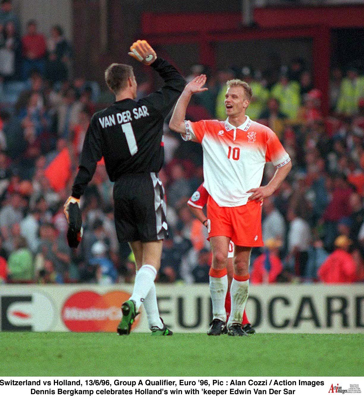 Dennis Bergkamp and Edwin van der Sar in action for Holland