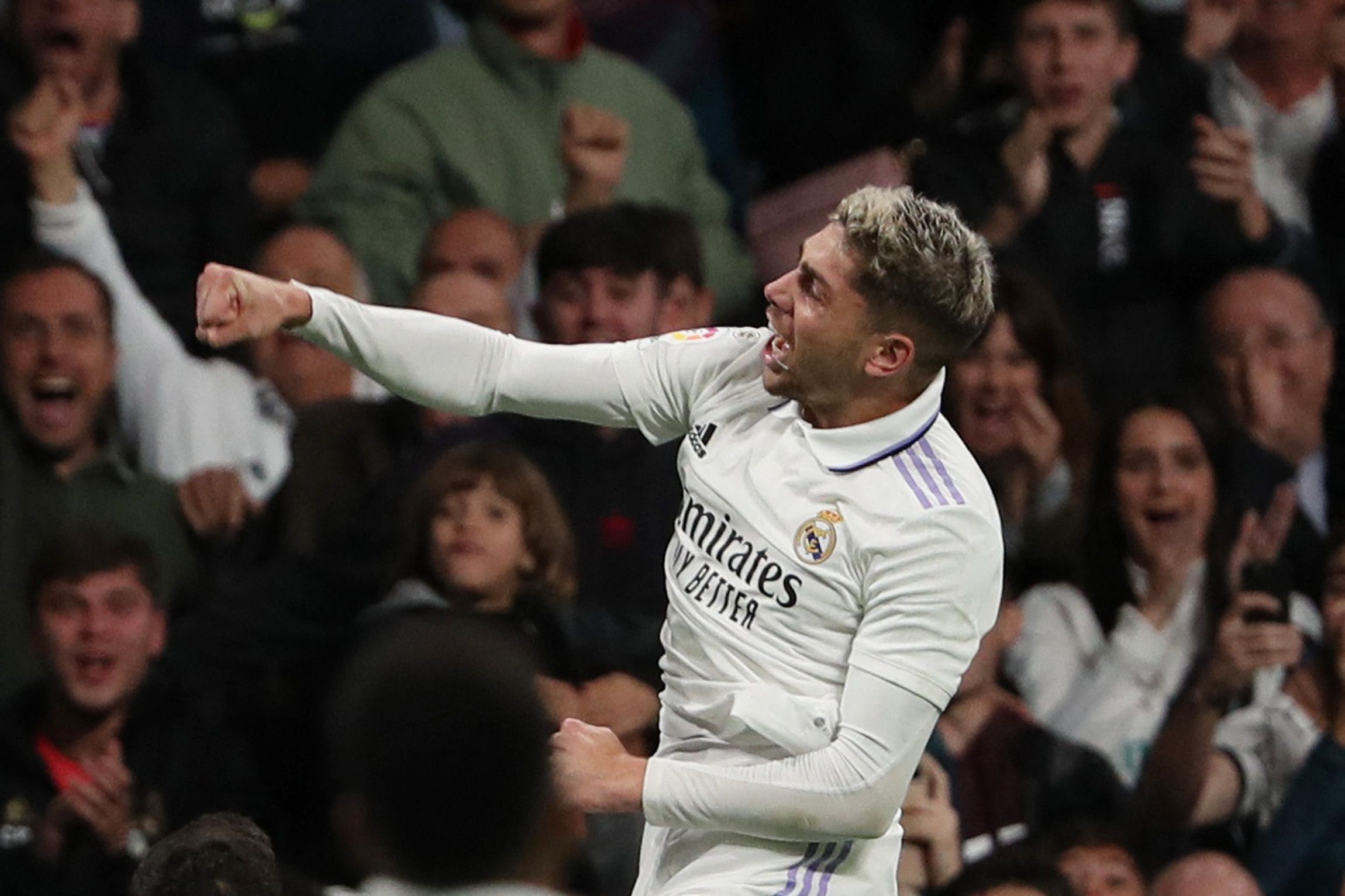 Federico Valverde celebrates after scoring for Real Madrid vs Sevilla