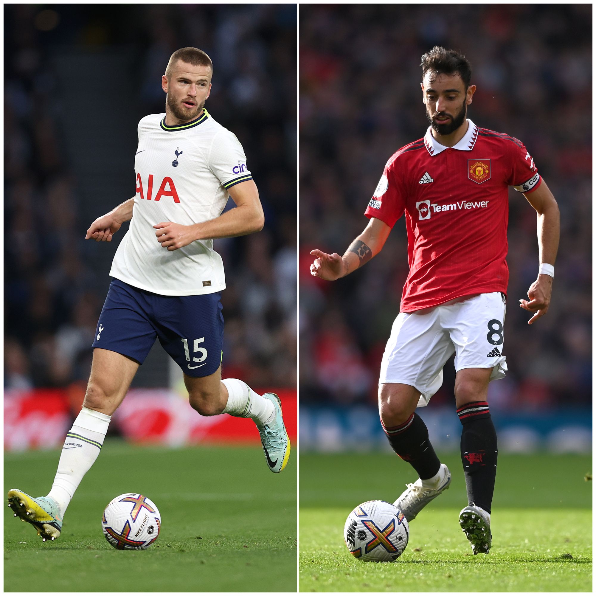 Eric Dier on the ball for Spurs and Bruno Fernandes on the ball for Man United