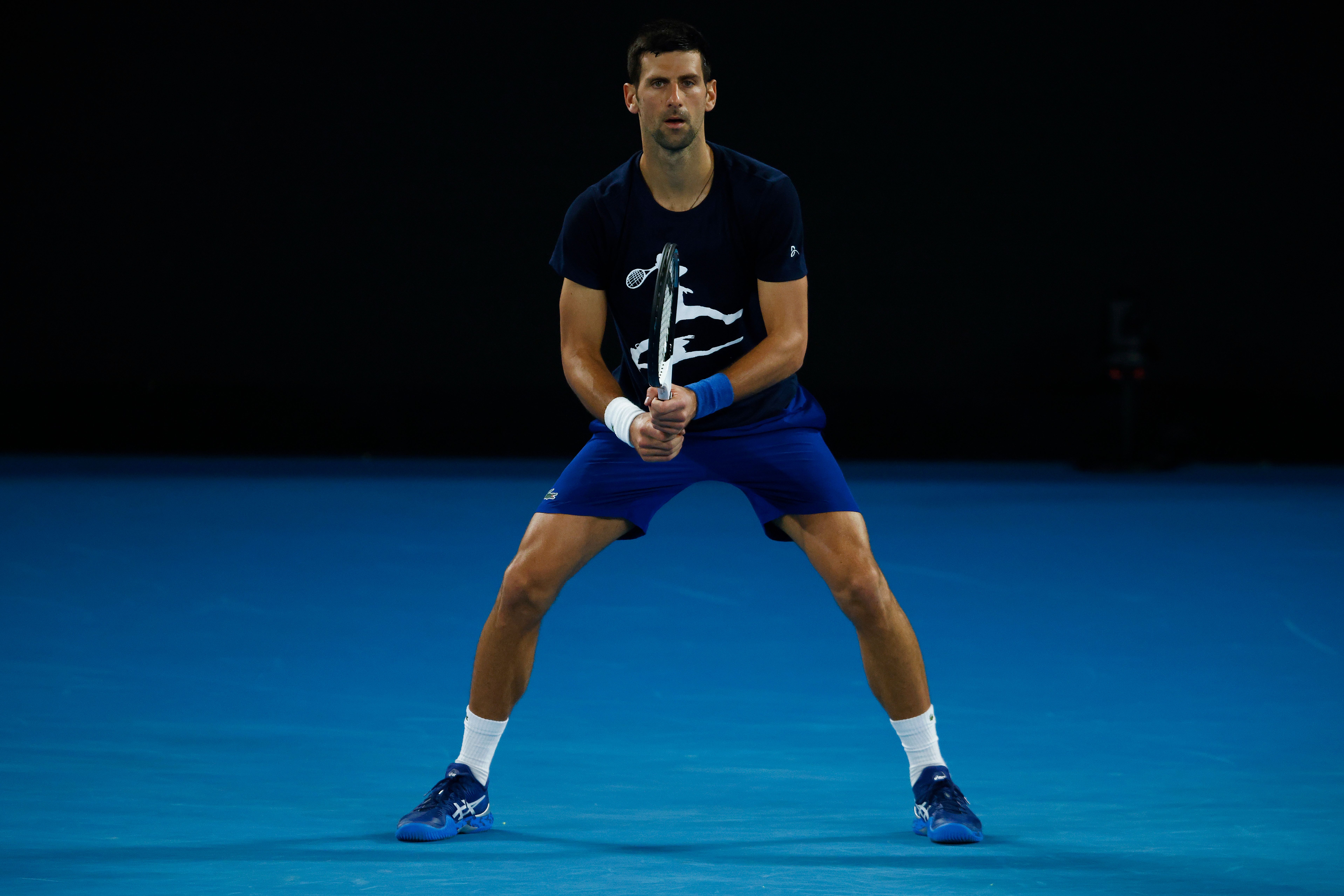 Novak Djokovic of Serbia in action during a practice session ahead of the 2022 Australian Open at Melbourne Park on January 14, 2022 in Melbourne, Australia.