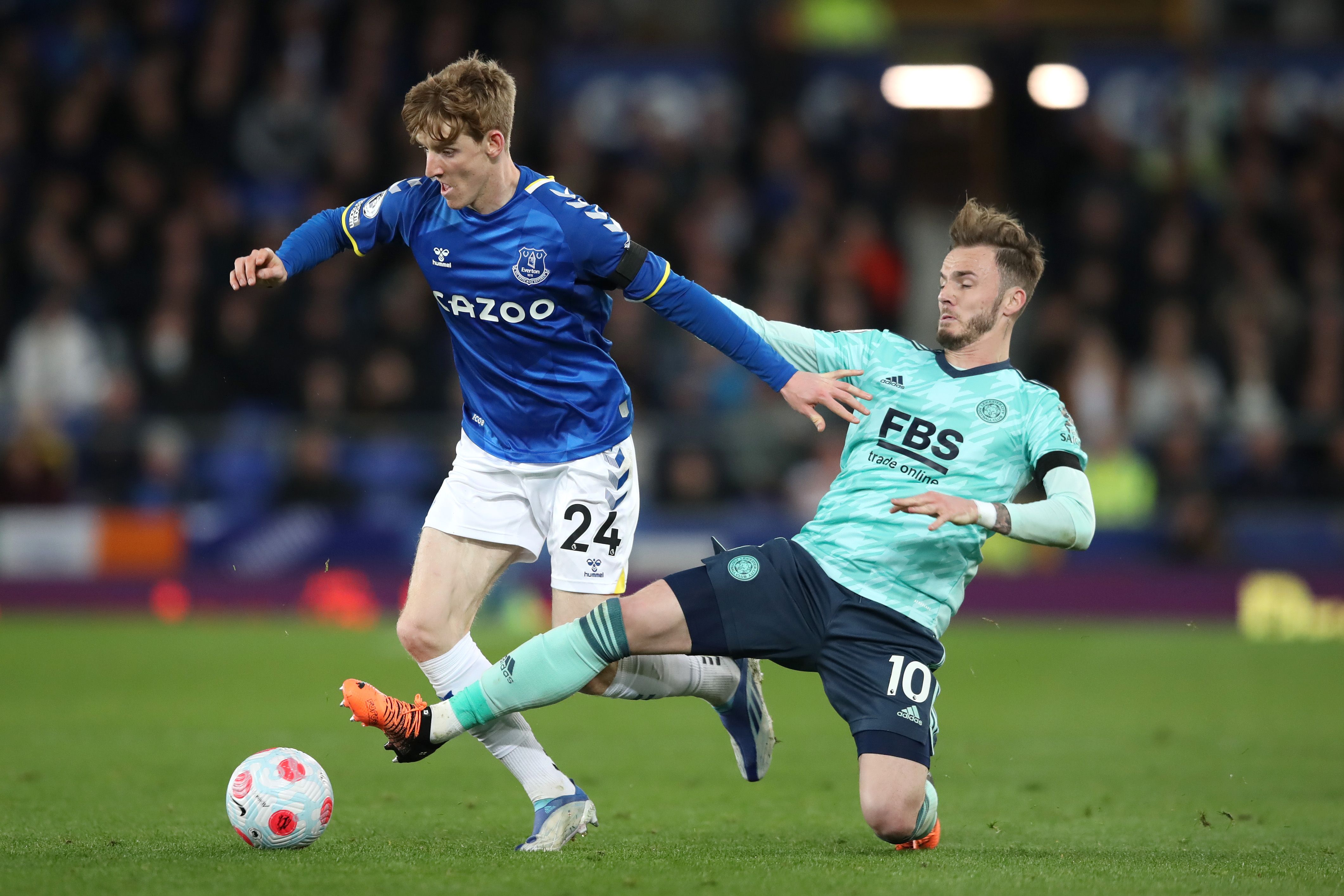 Anthony Gordon of Everton is challenged by James Maddison of Leicester City