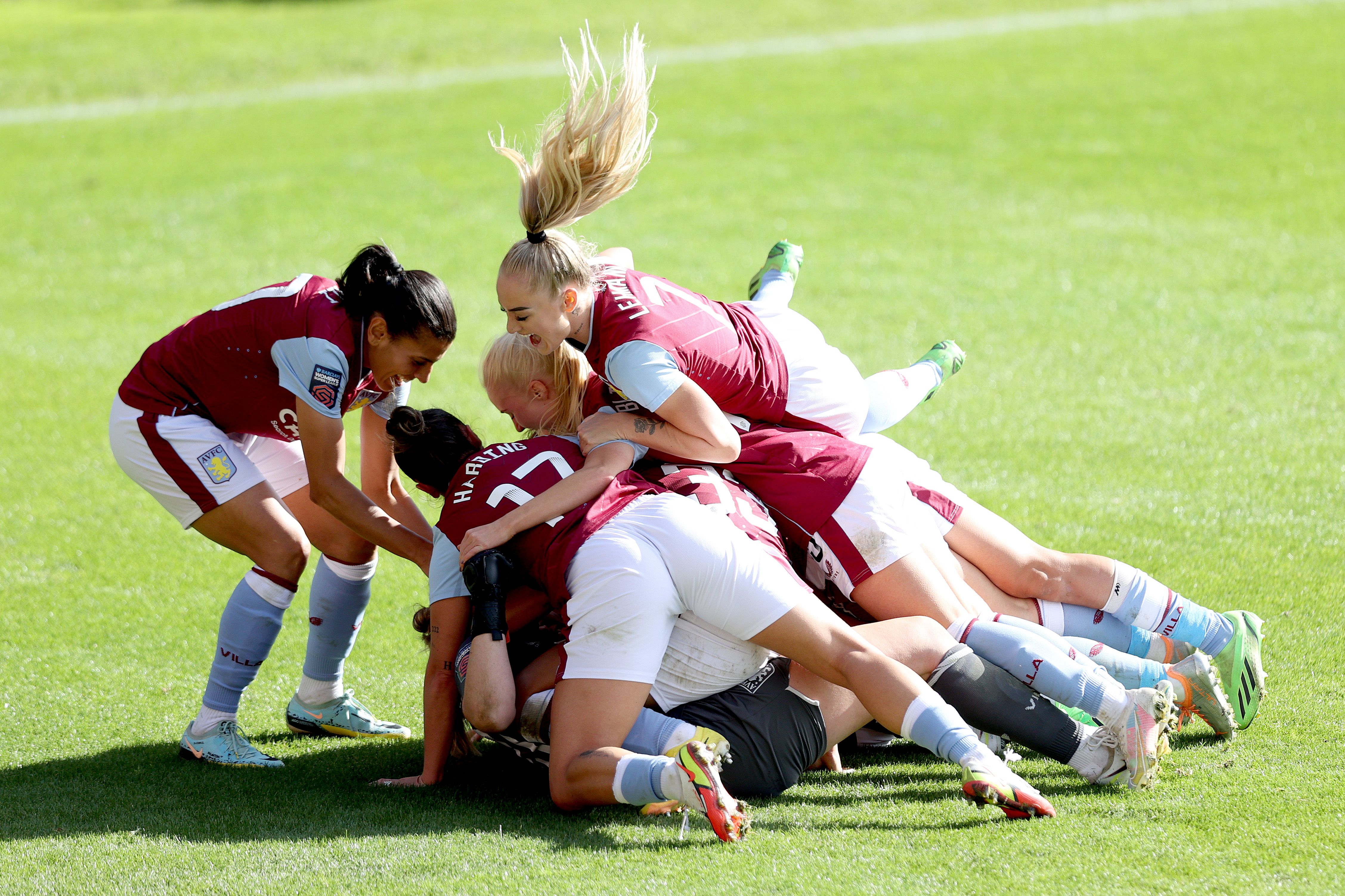 Aston Villa women celebrate being Man United women on penalties