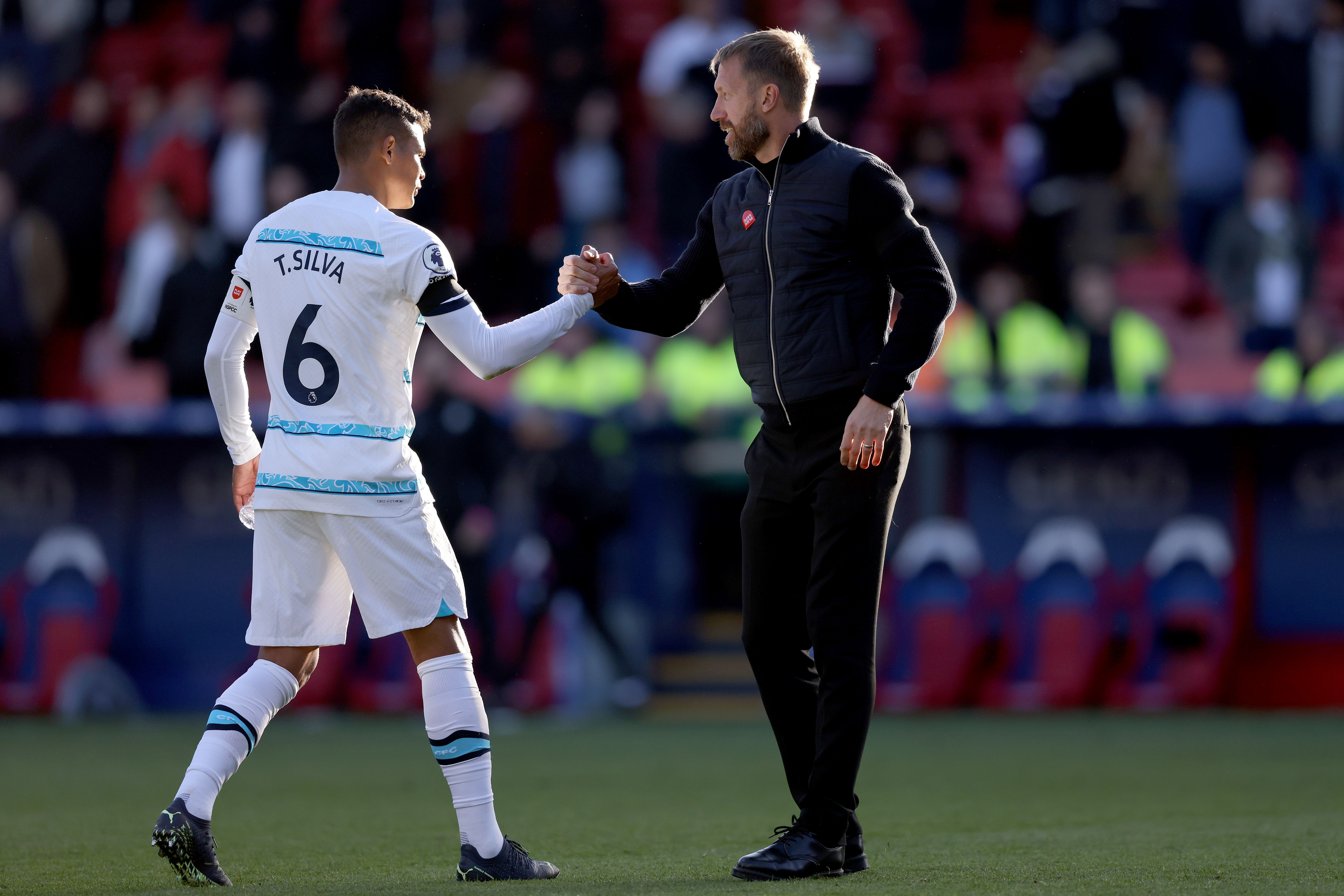 Graham Potter, Manager of Chelsea shakes hands with Thiago Silva following their side's victory in the Premier League match between Crystal Palace and Chelsea FC at Selhurst Park on October 01, 2022 in London, England.
