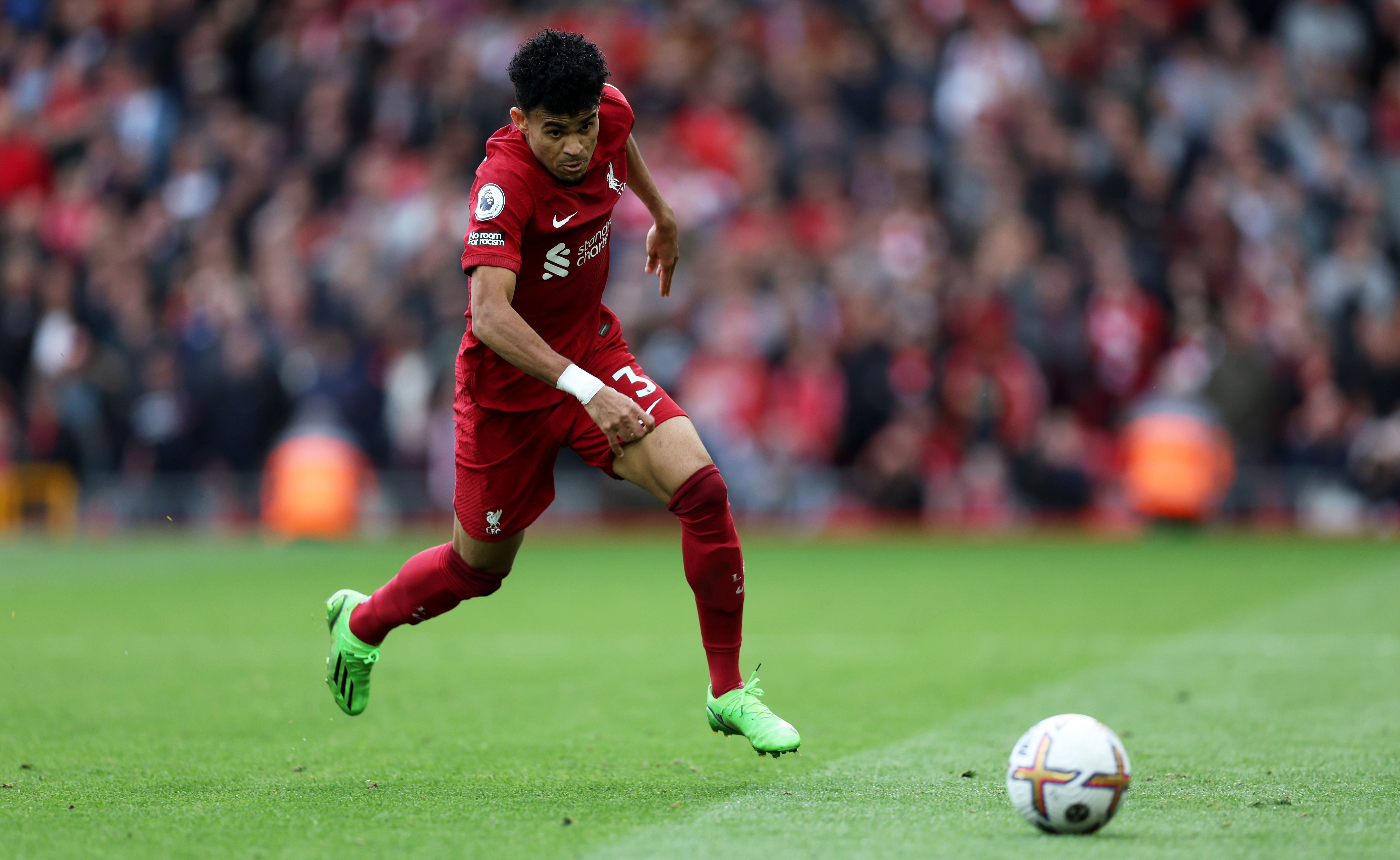 Luis Diaz of Liverpool in action during the Premier League match between Liverpool FC and Brighton &amp; Hove Albion at Anfield 