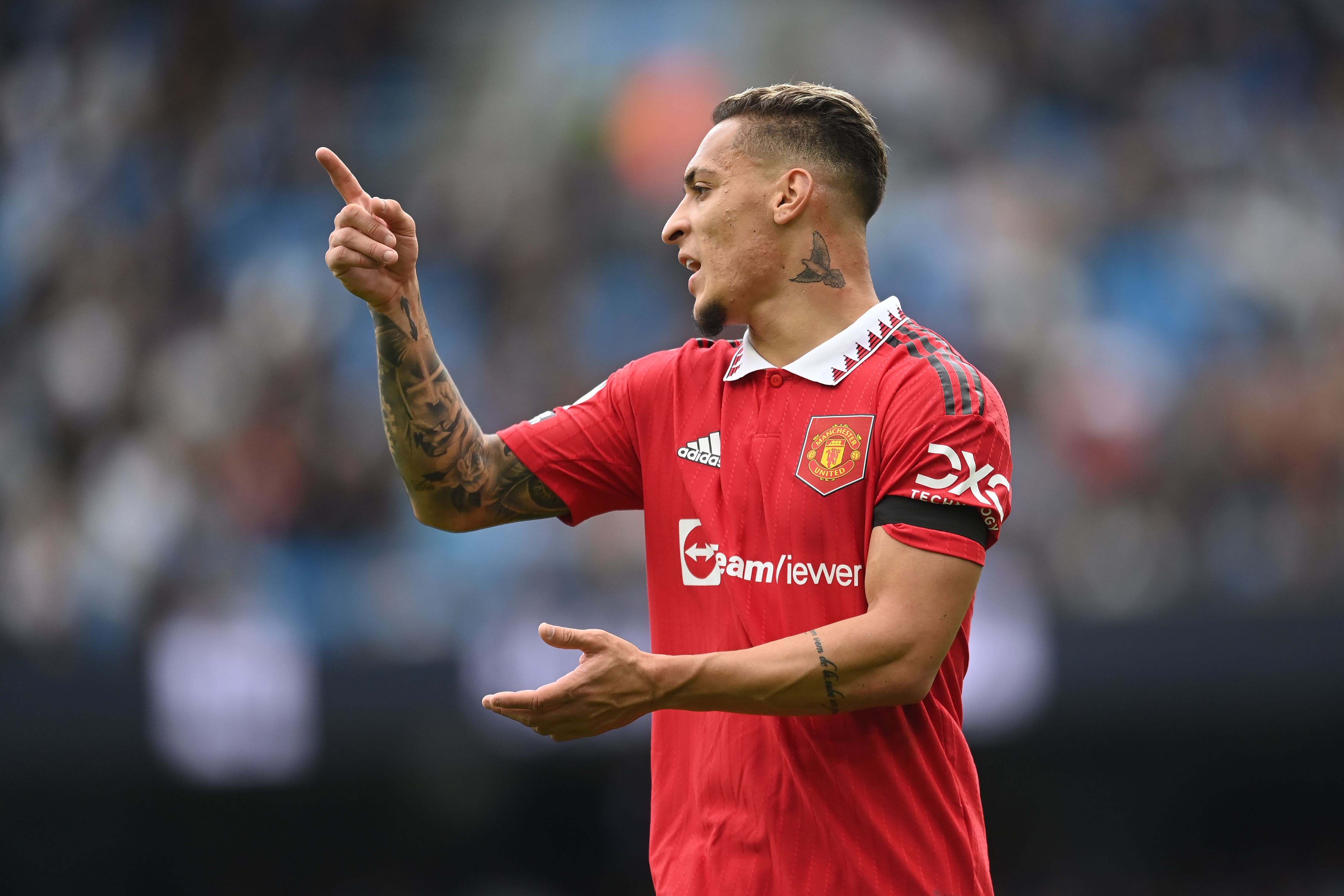 Antony of Manchester United in action during the Premier League match between Manchester City and Manchester United at Etihad Stadium on October 02, 2022 in Manchester, England
