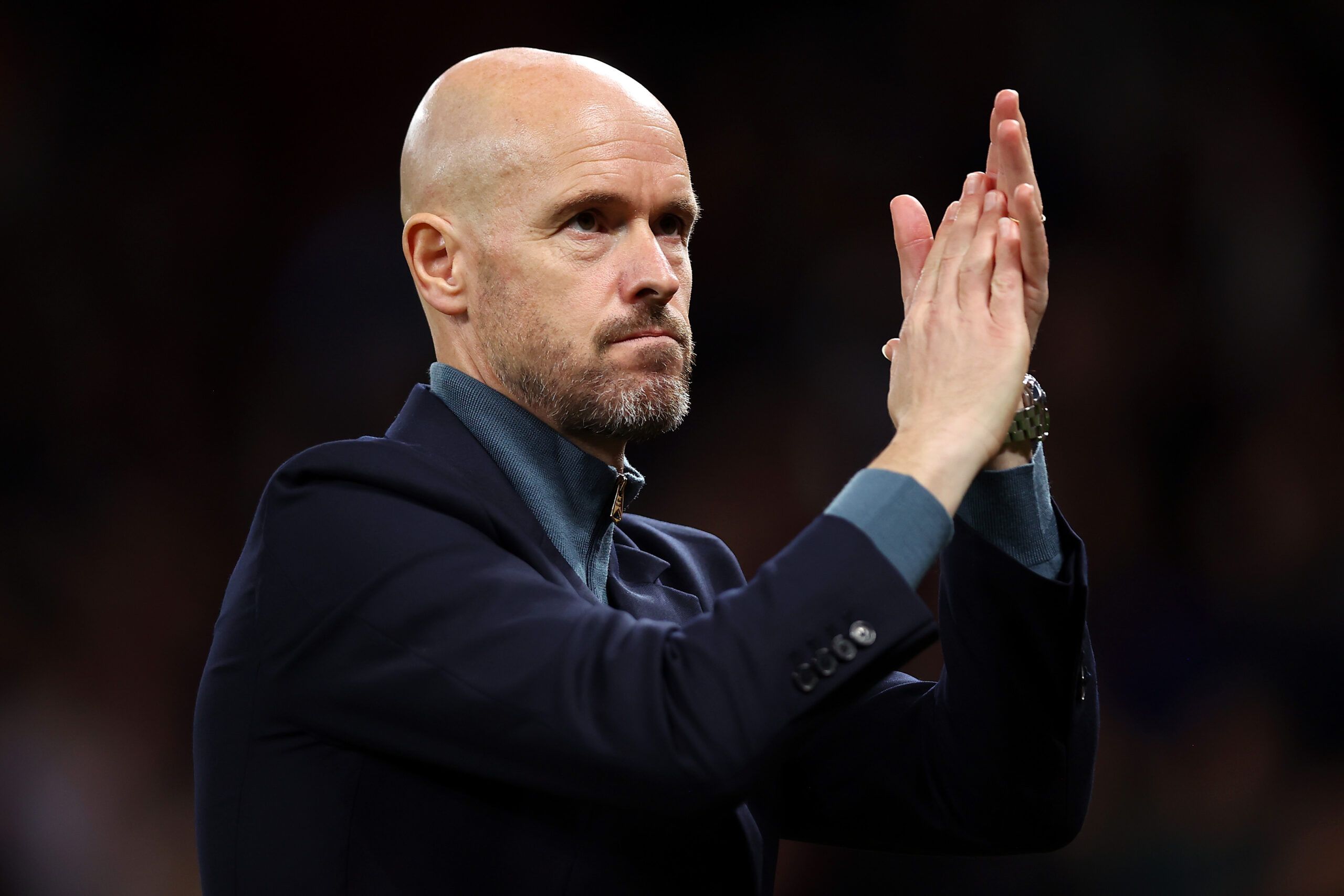 Erik ten Hag, Manager of Manchester United applauds the fans after their sides victory
