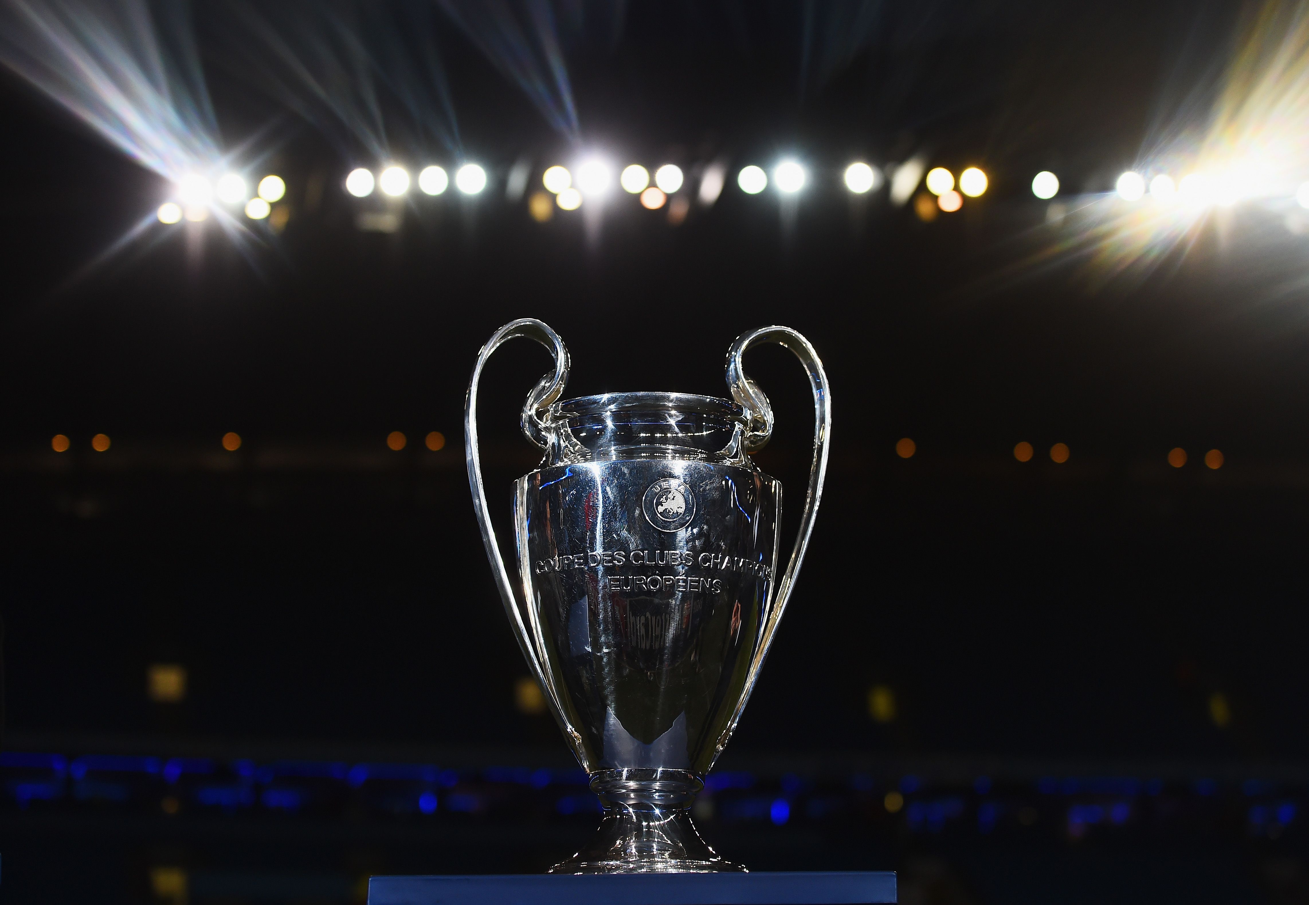 The Champions League trophy prior to a game