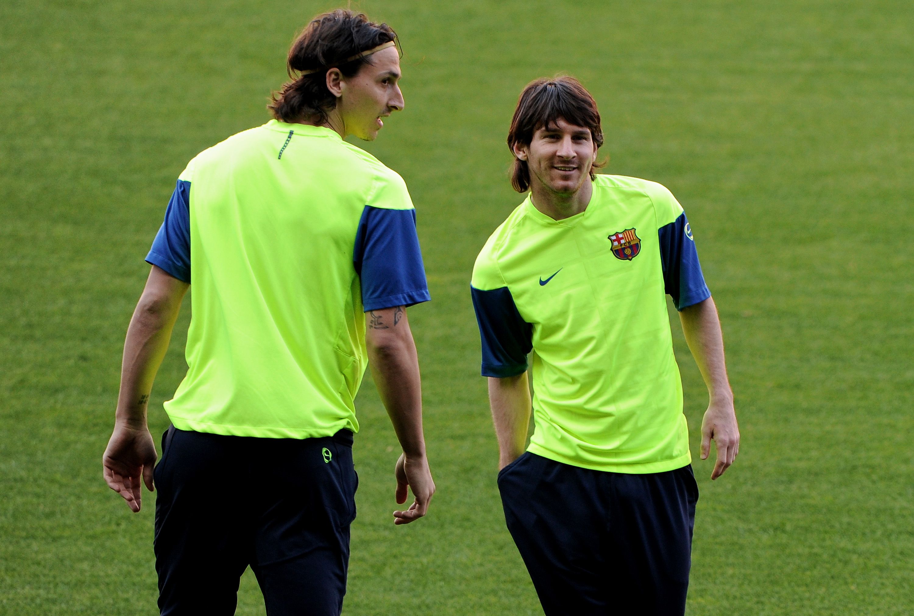 Zlatan Ibrahimovic and Lionel Messi in Barcelona training