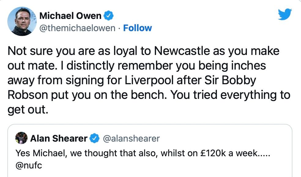 Michael Owen's tweet to Alan Shearer