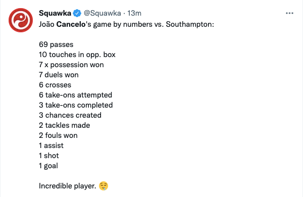 Joao Cancelo's stats vs Southampton