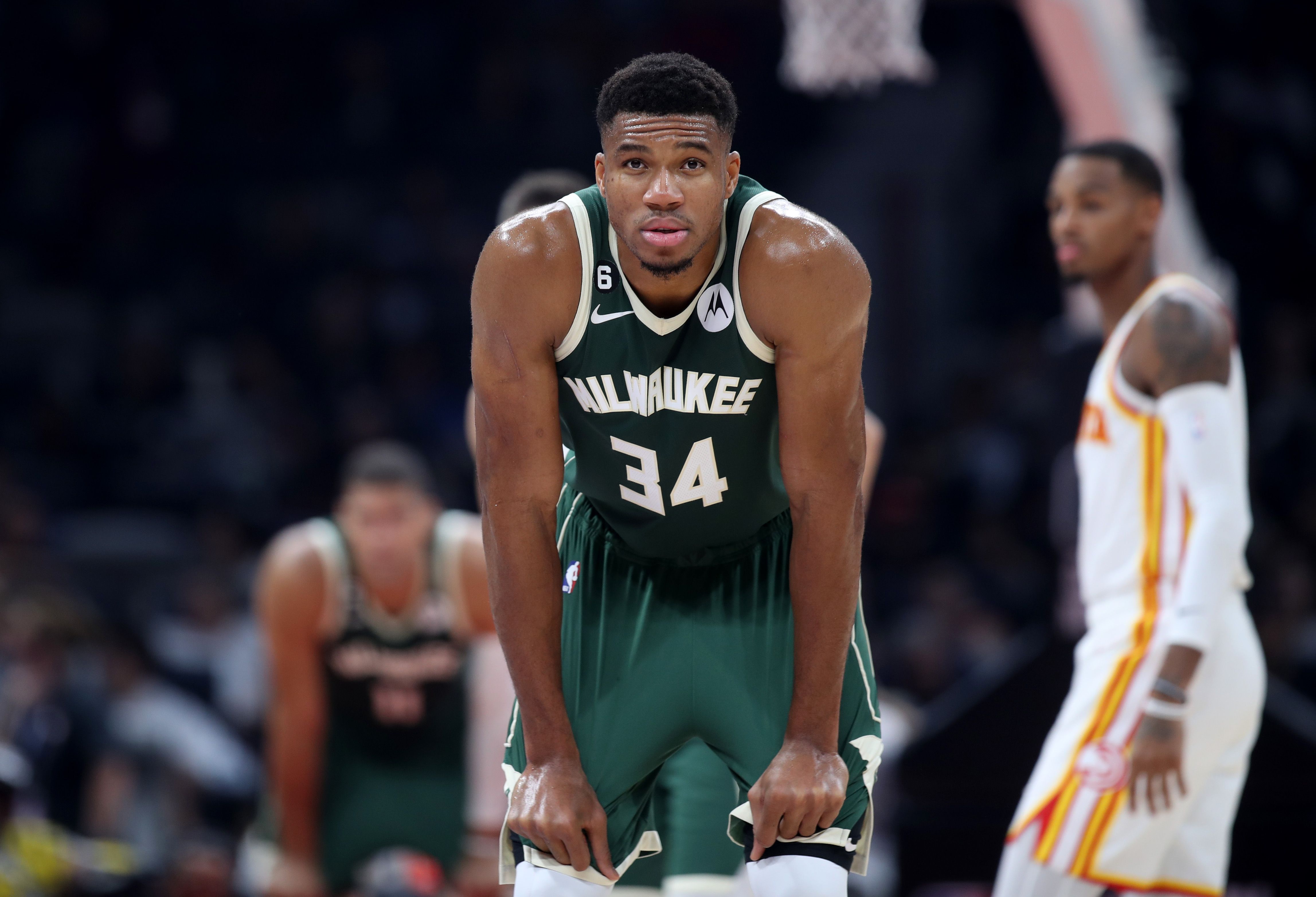 Giannis Antetokounmpo looks dejected after the Milwaukee Bucks lose to the Atlanta Hawks on the NBA's debut in the Middle East