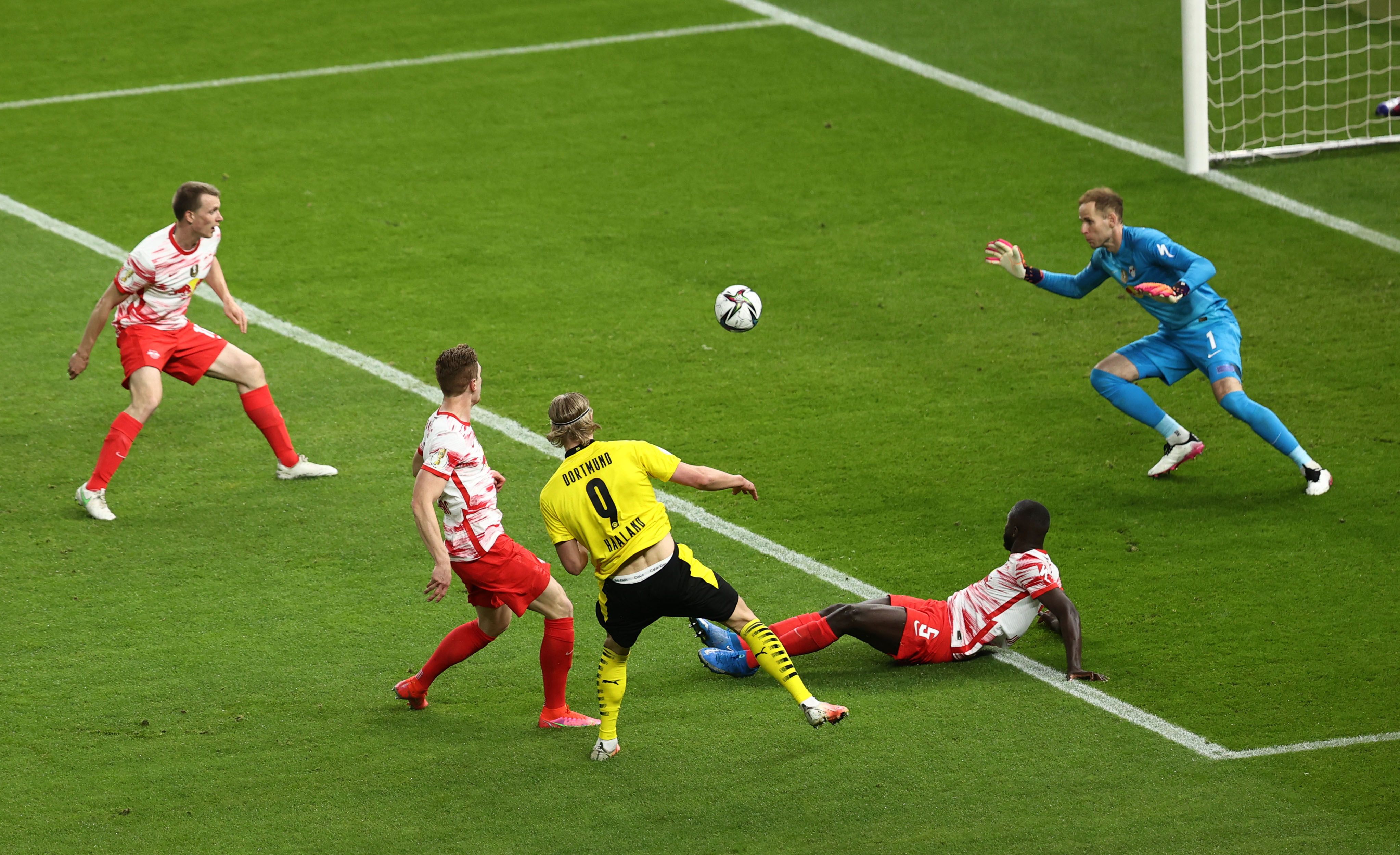 Erling Haaland scores for Borussia Dortmund vs RB Leipzig