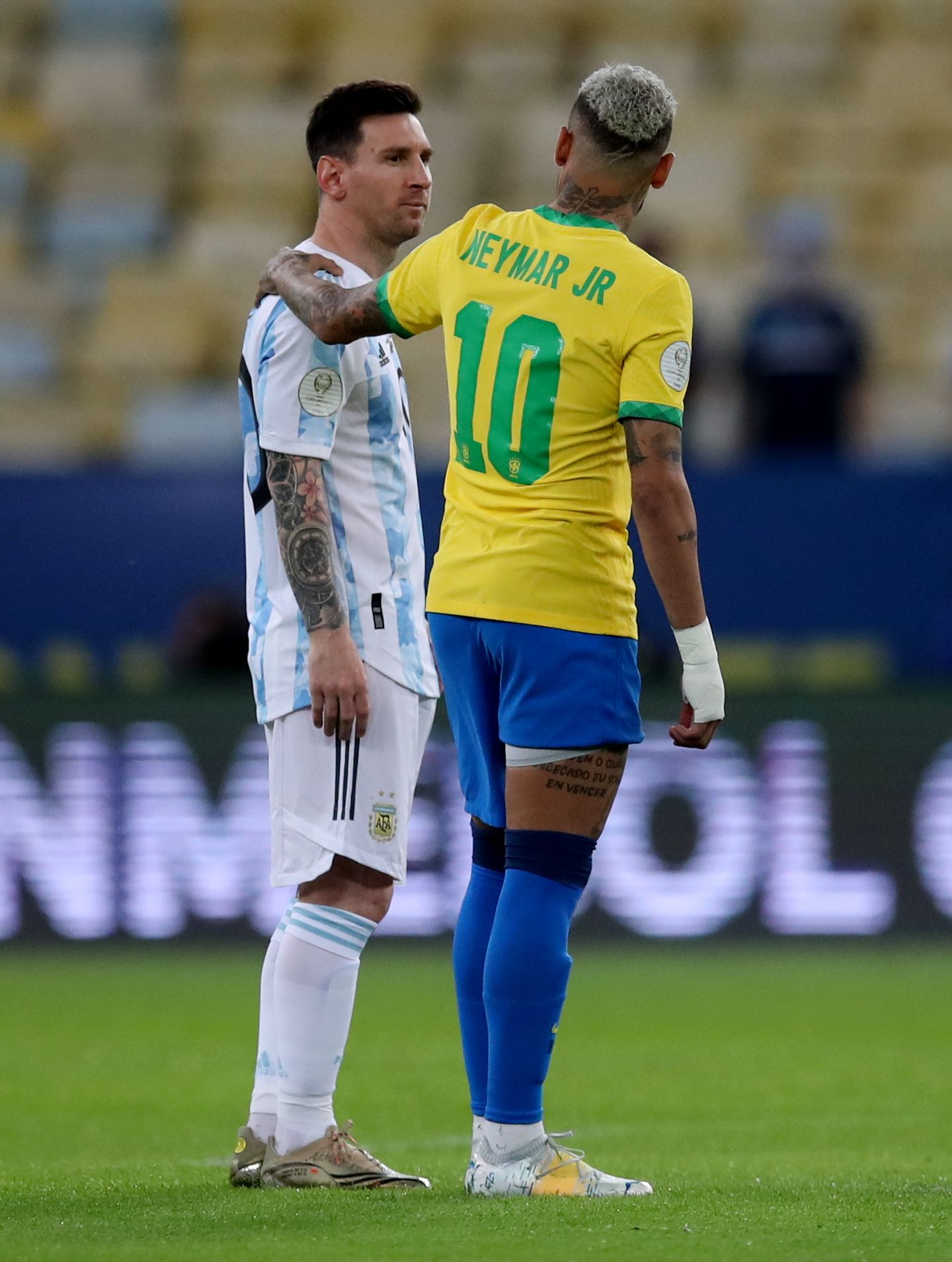 Messi and Neymar in the 2021 Copa America final.