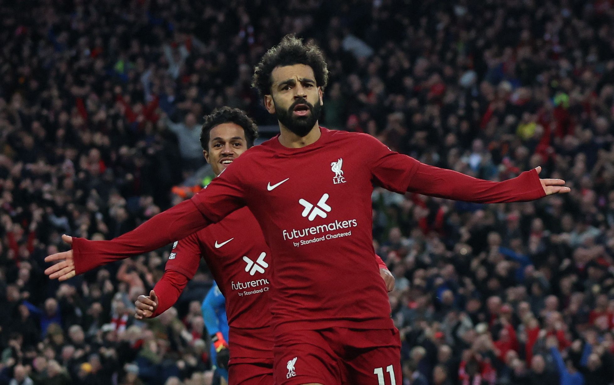 Mohamed Salah celebrates scoring against Man City for Liverpool
