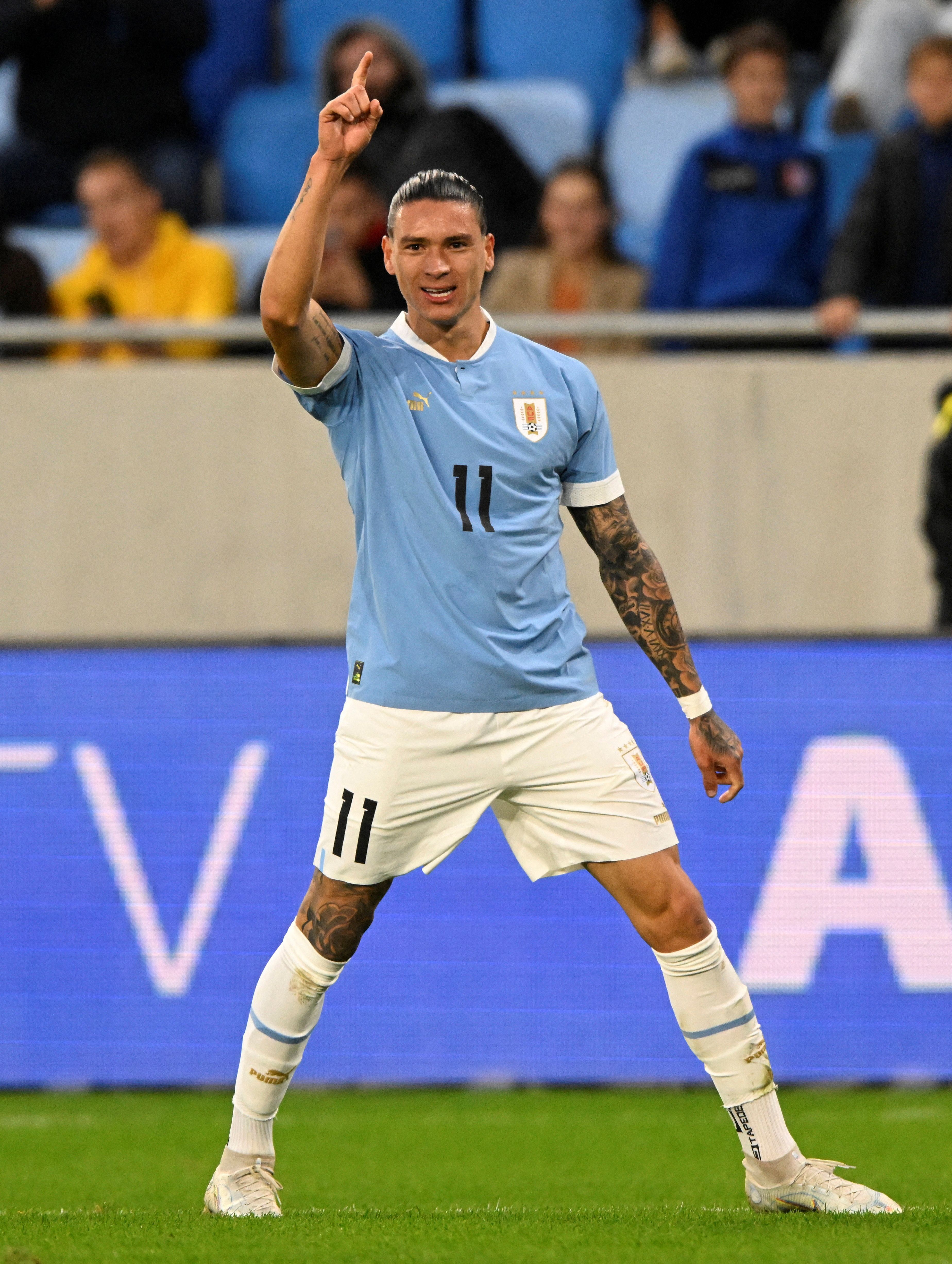 Nunez celebrates scoring for Uruguay.