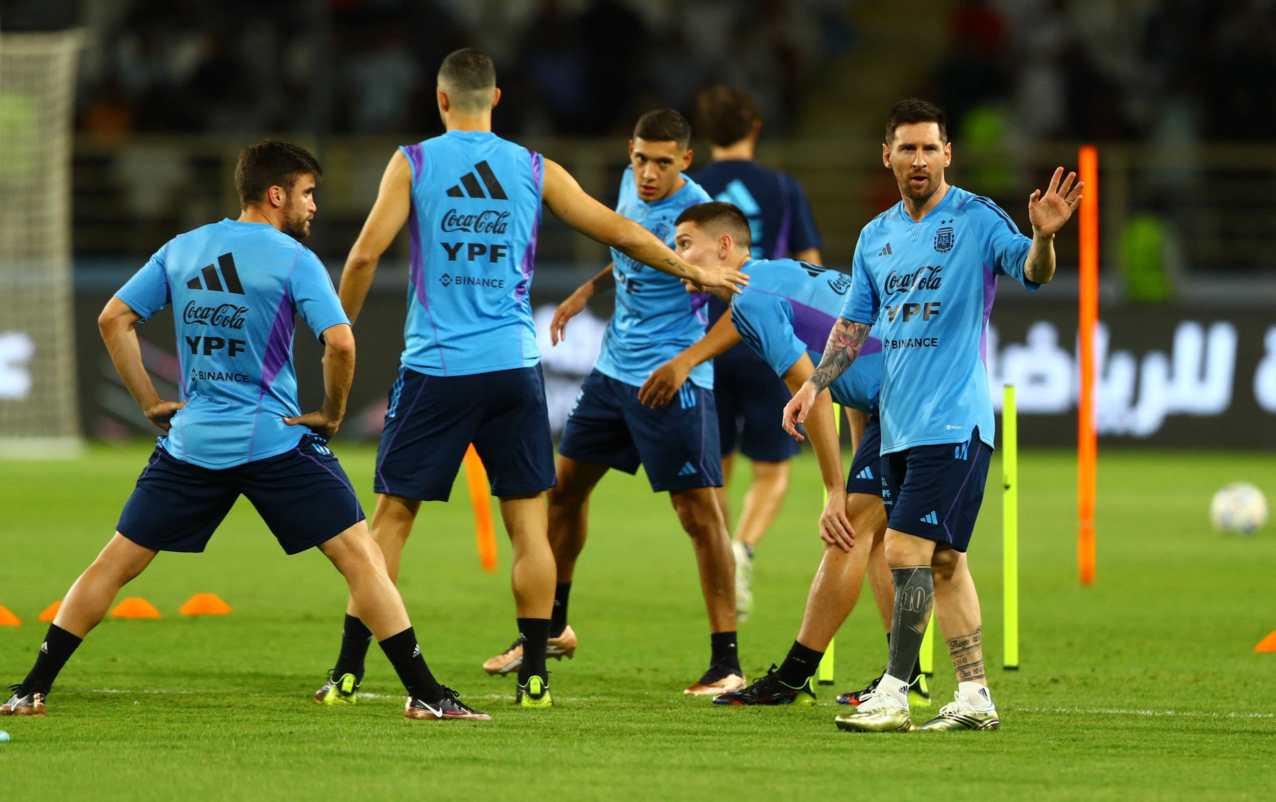 Lionel Messi waves during Argentina training session