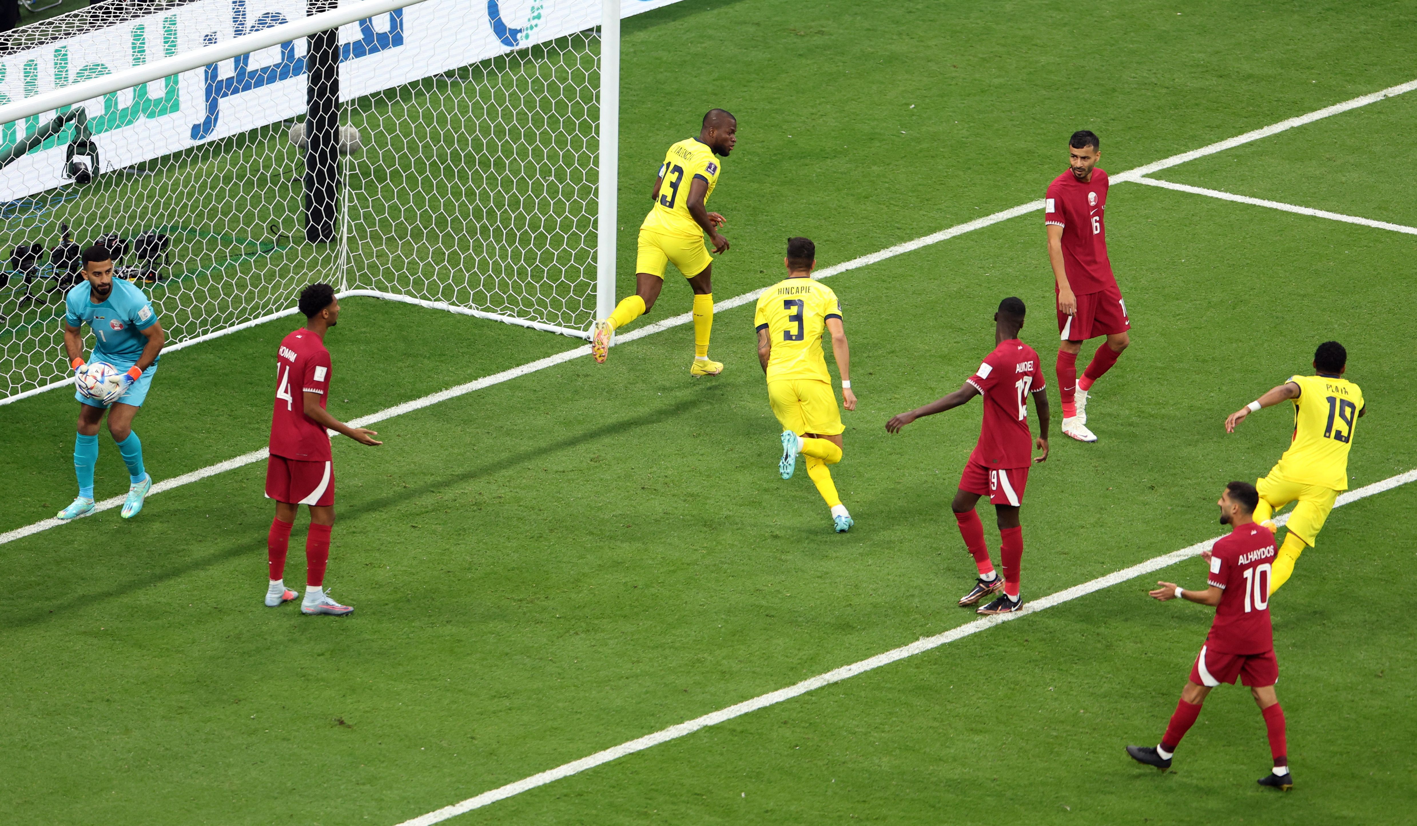 Ecuador celebrate their disallowed goal.
