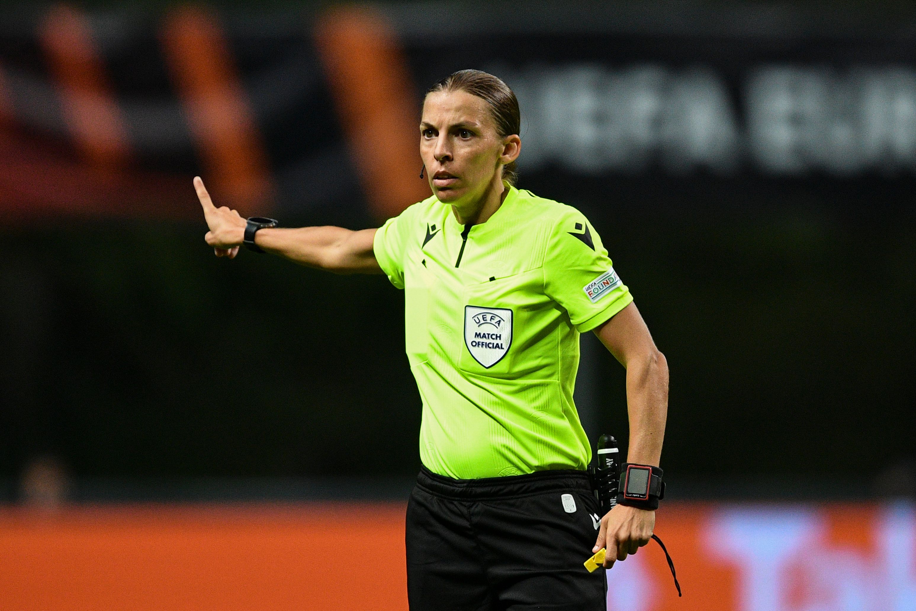 Referee St&Atilde;&copy;phanie Frappart during a Europa League match