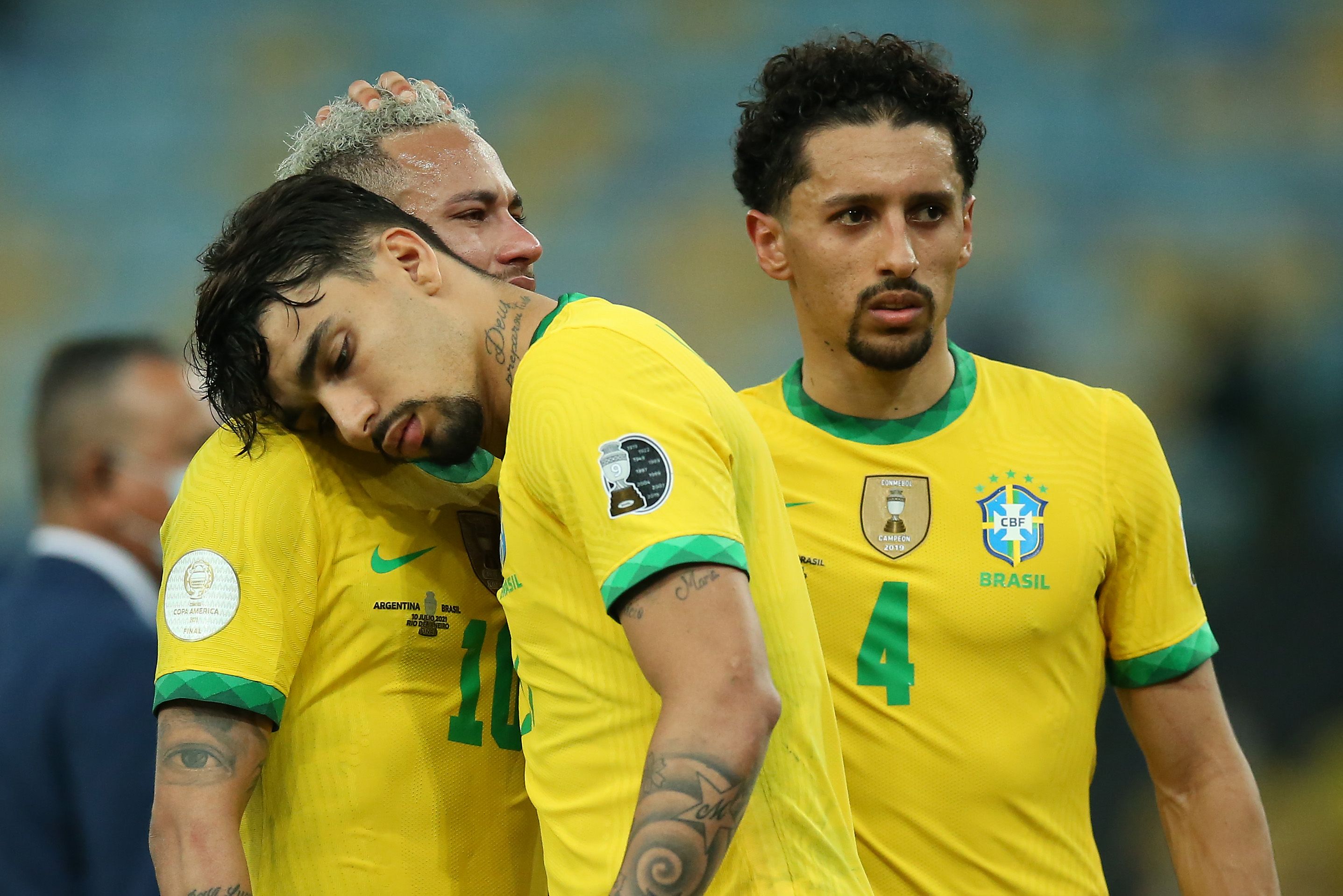 Neymar, Lucas Paqueta and Marquinhos react after losing to Argentina in the 2021 Copa America final