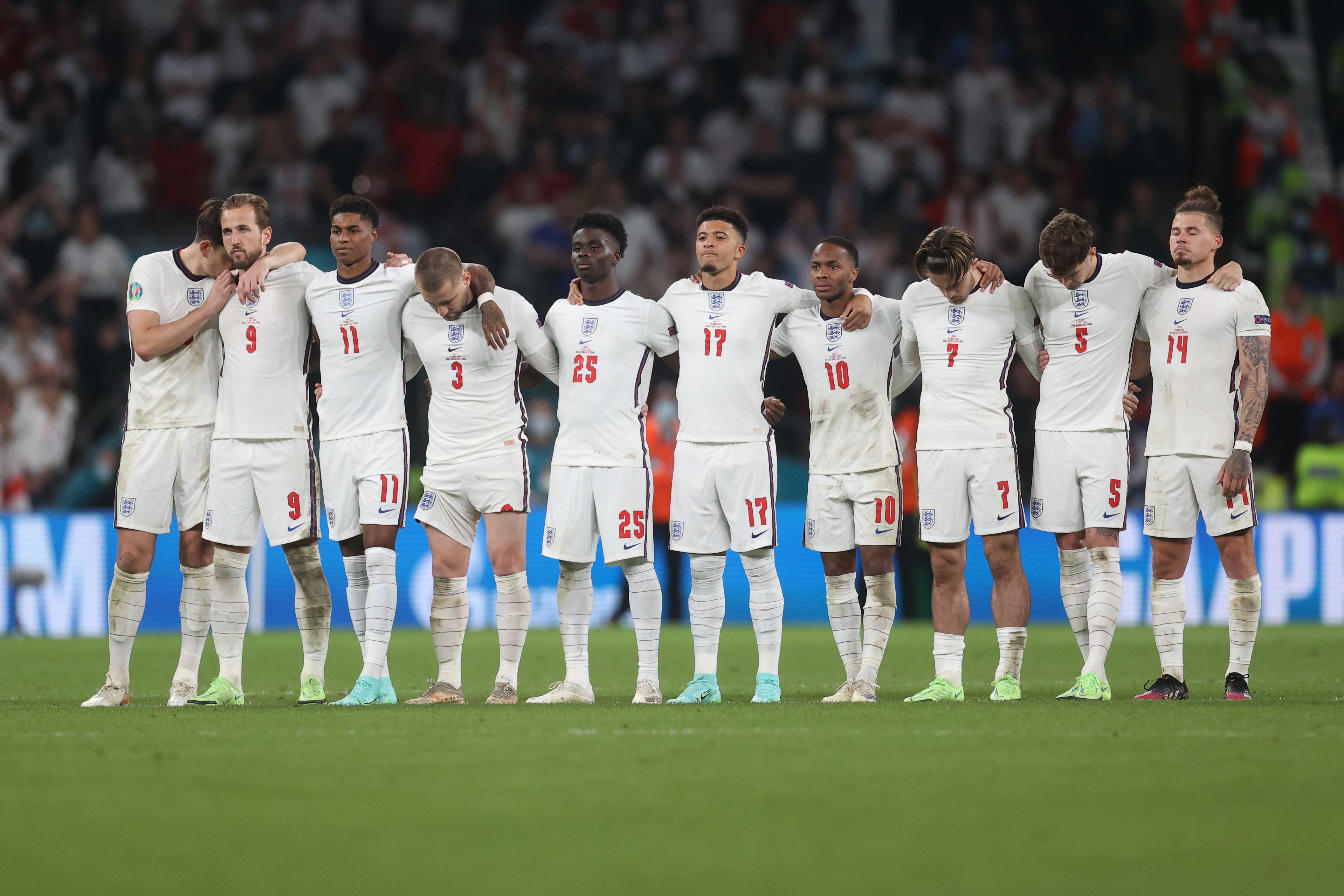Players of England look dejected in a penalty shoot out during the UEFA Euro 2020 