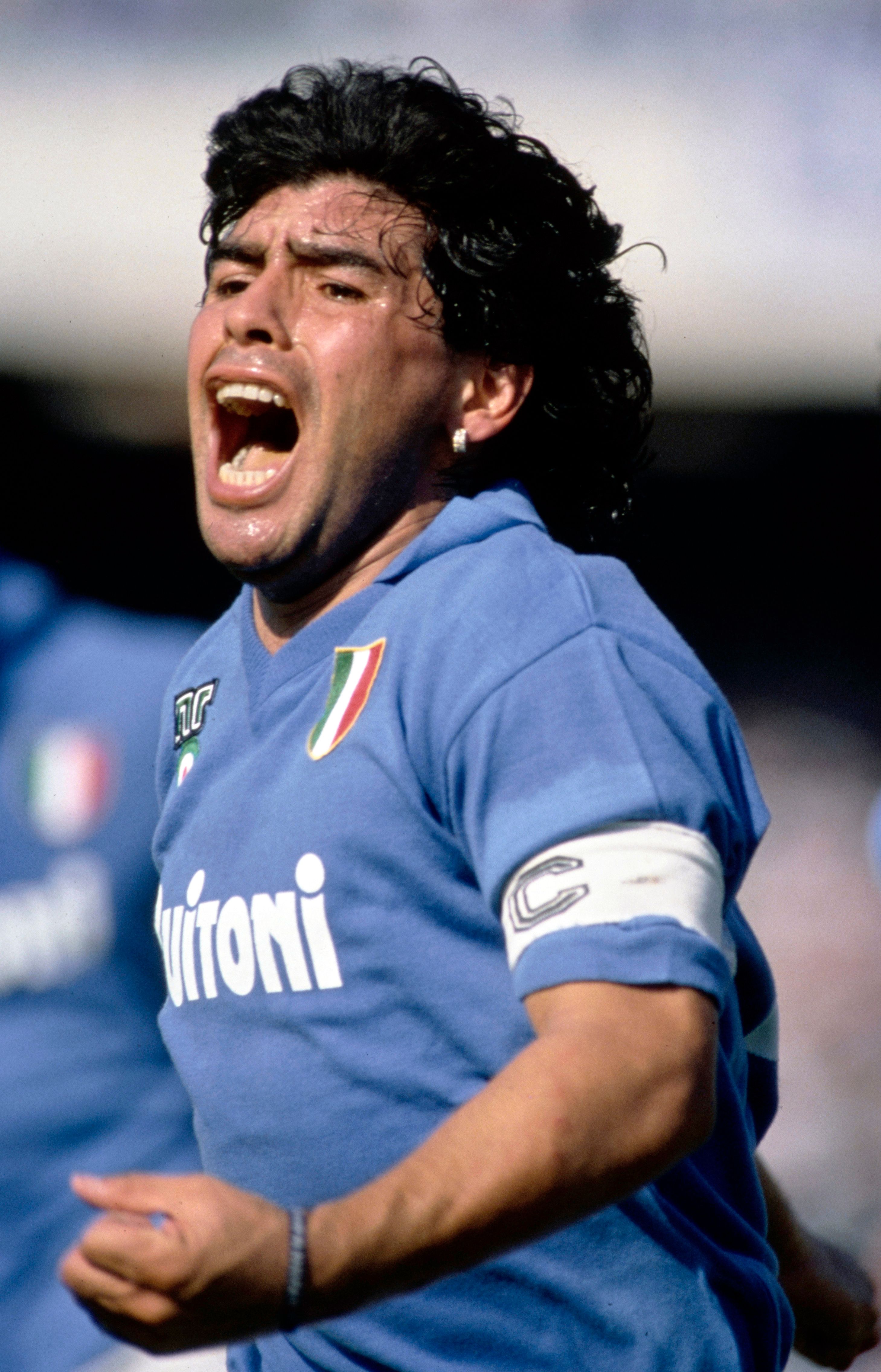 Maradona celebrates scoring for Napoli.