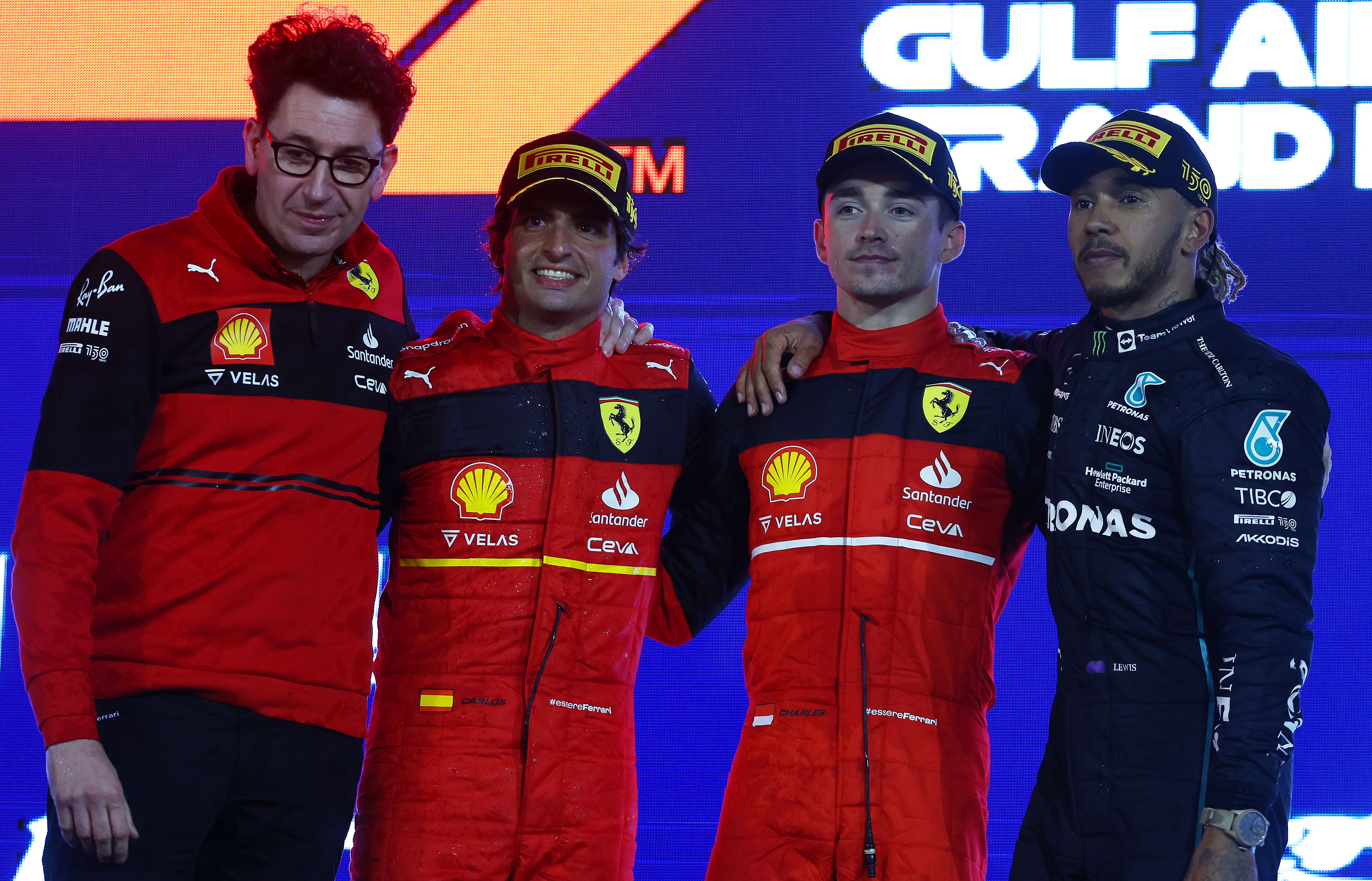 Leclerc, Sainz, Hamilton and Binotto on the podium