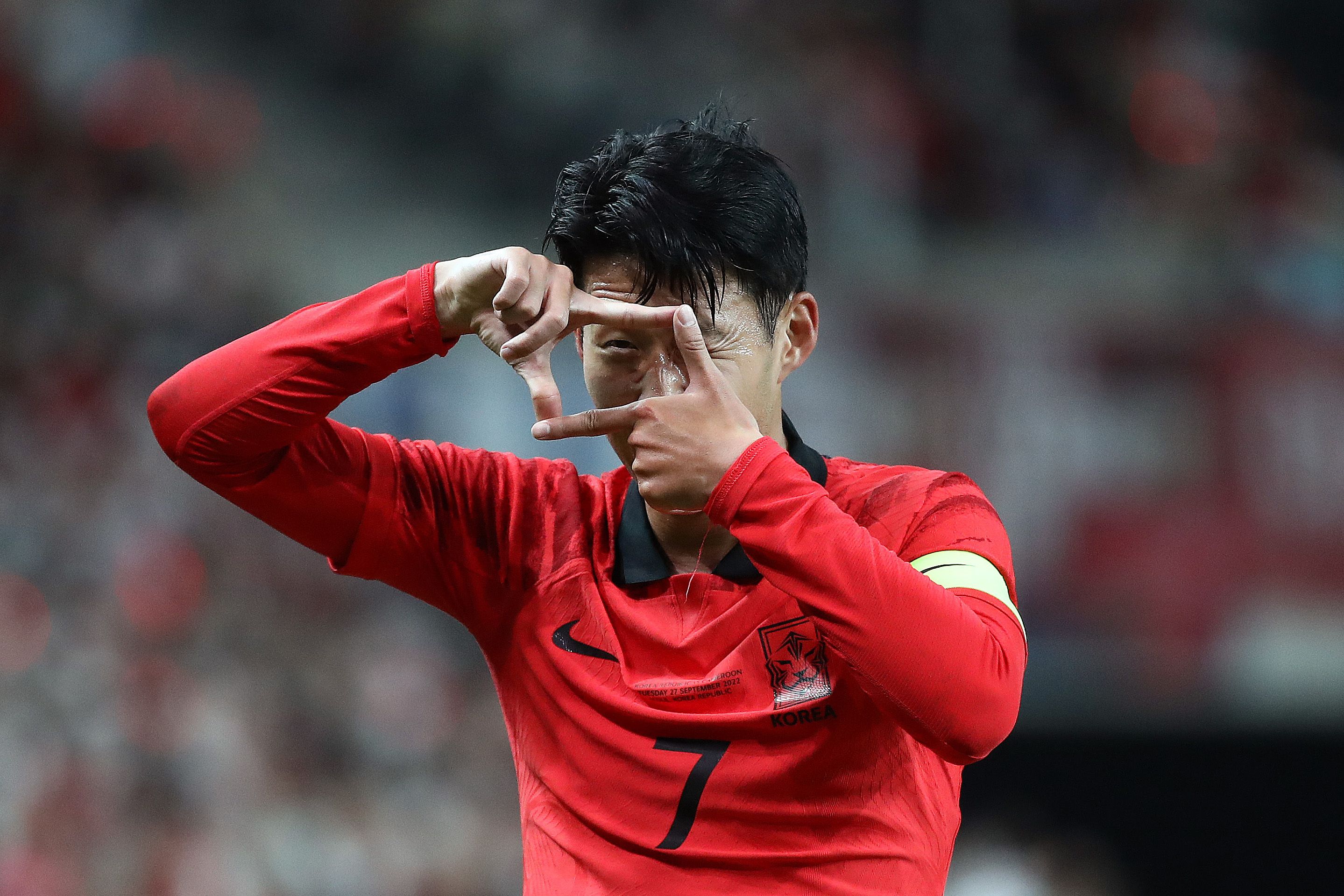 Son Heung-Min of South Korea celebrates after scoring his team's first goal