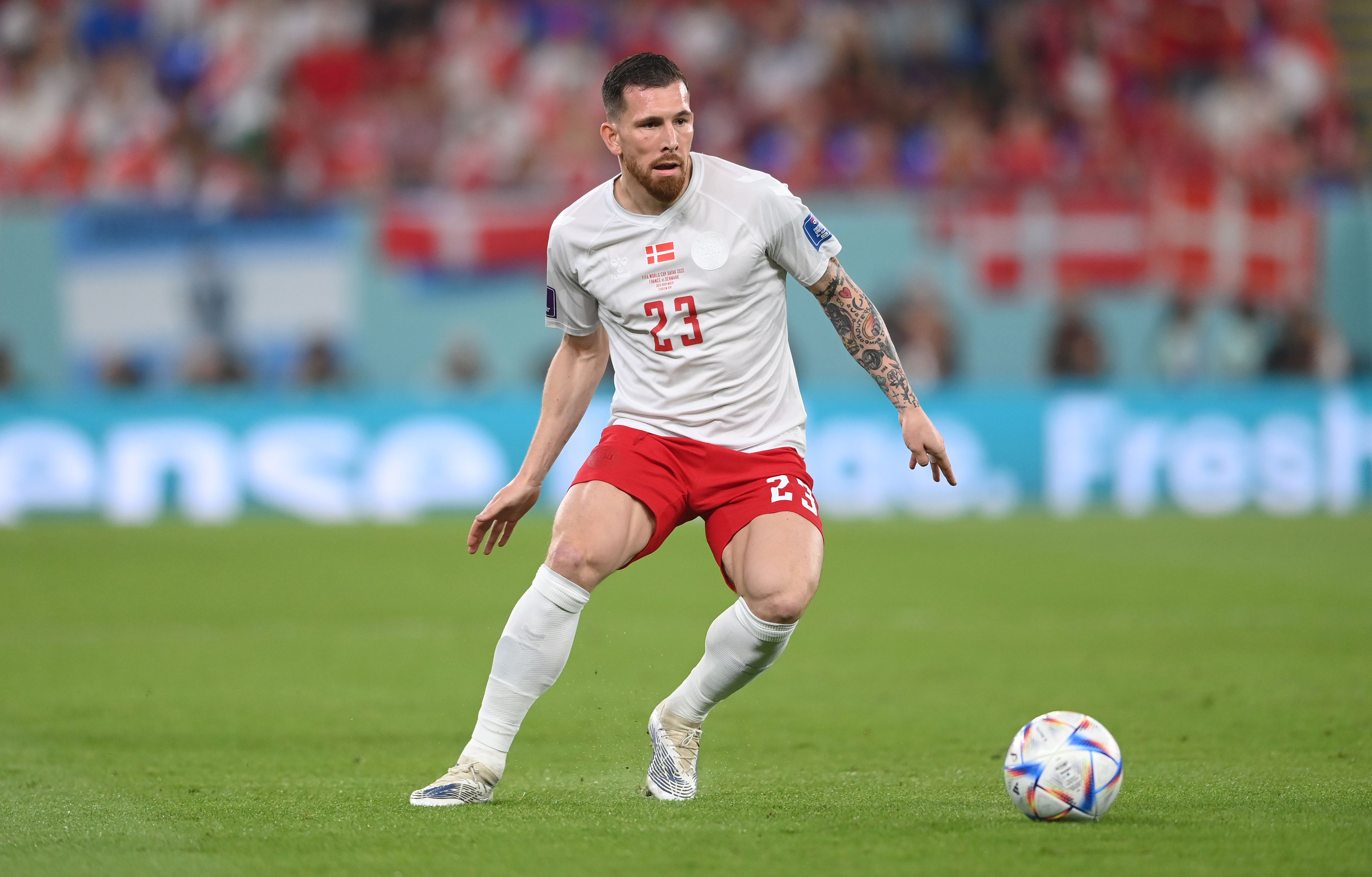 Denmark player Pierre-Emile Hojbjerg in action during the FIFA World Cup Qatar 2022 Group D match between France and Denmark at Stadium 974 on November 26, 2022 in Doha, Qatar.