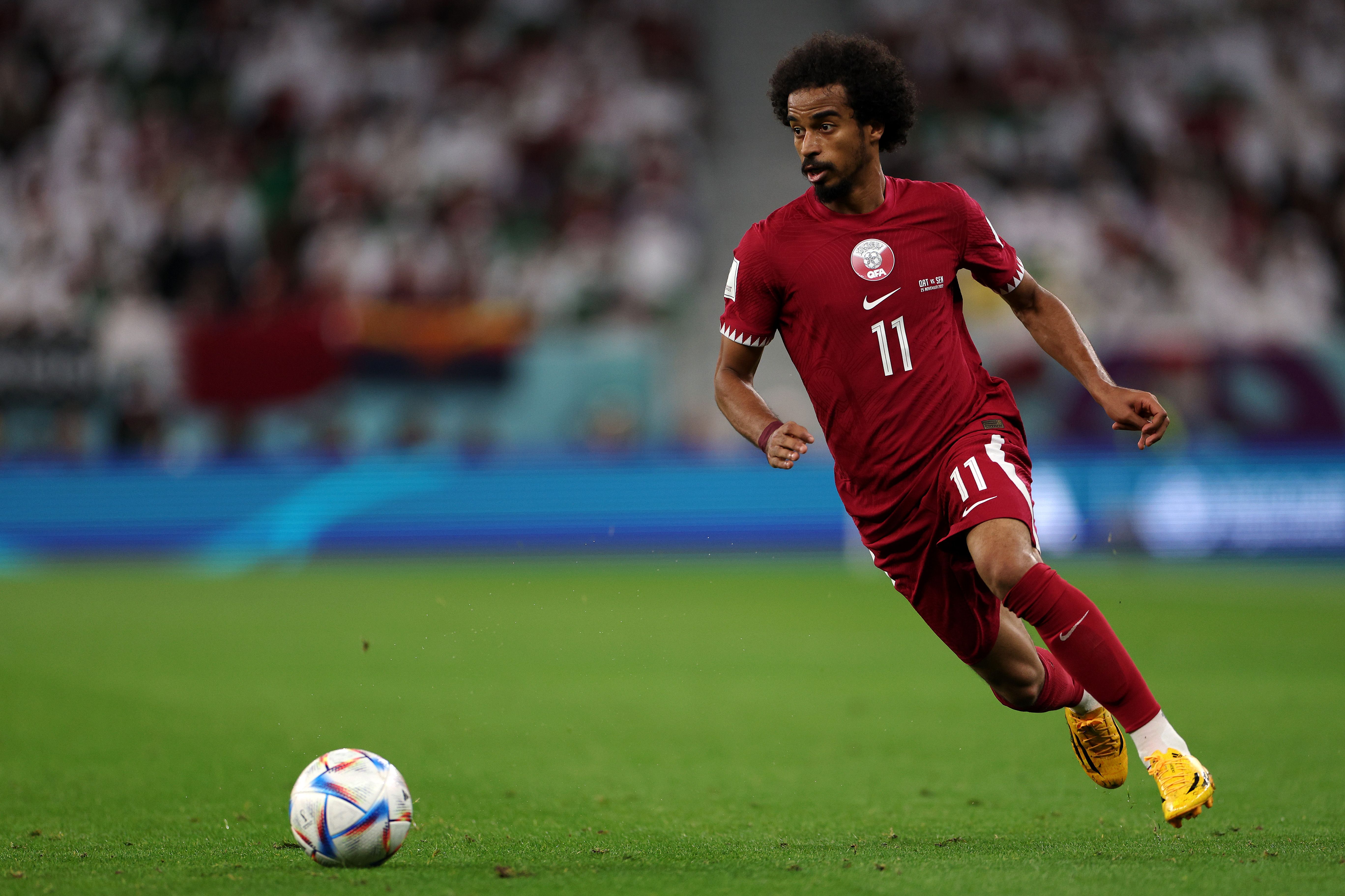 Akram Afif of Qatar in action during the FIFA World Cup Qatar 2022