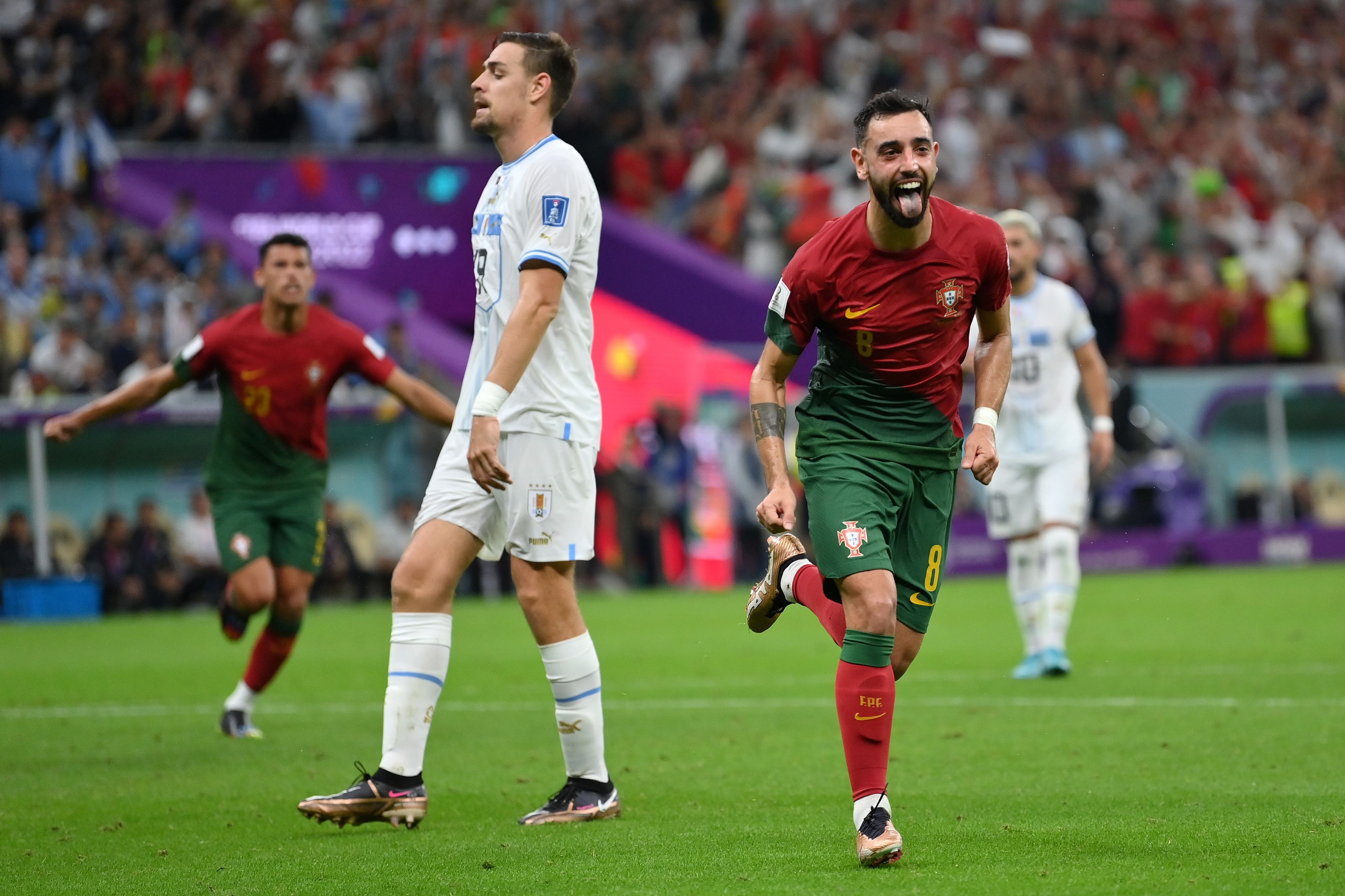 Bruno Fernandes celebrates Portugal's second goal vs Uruguay