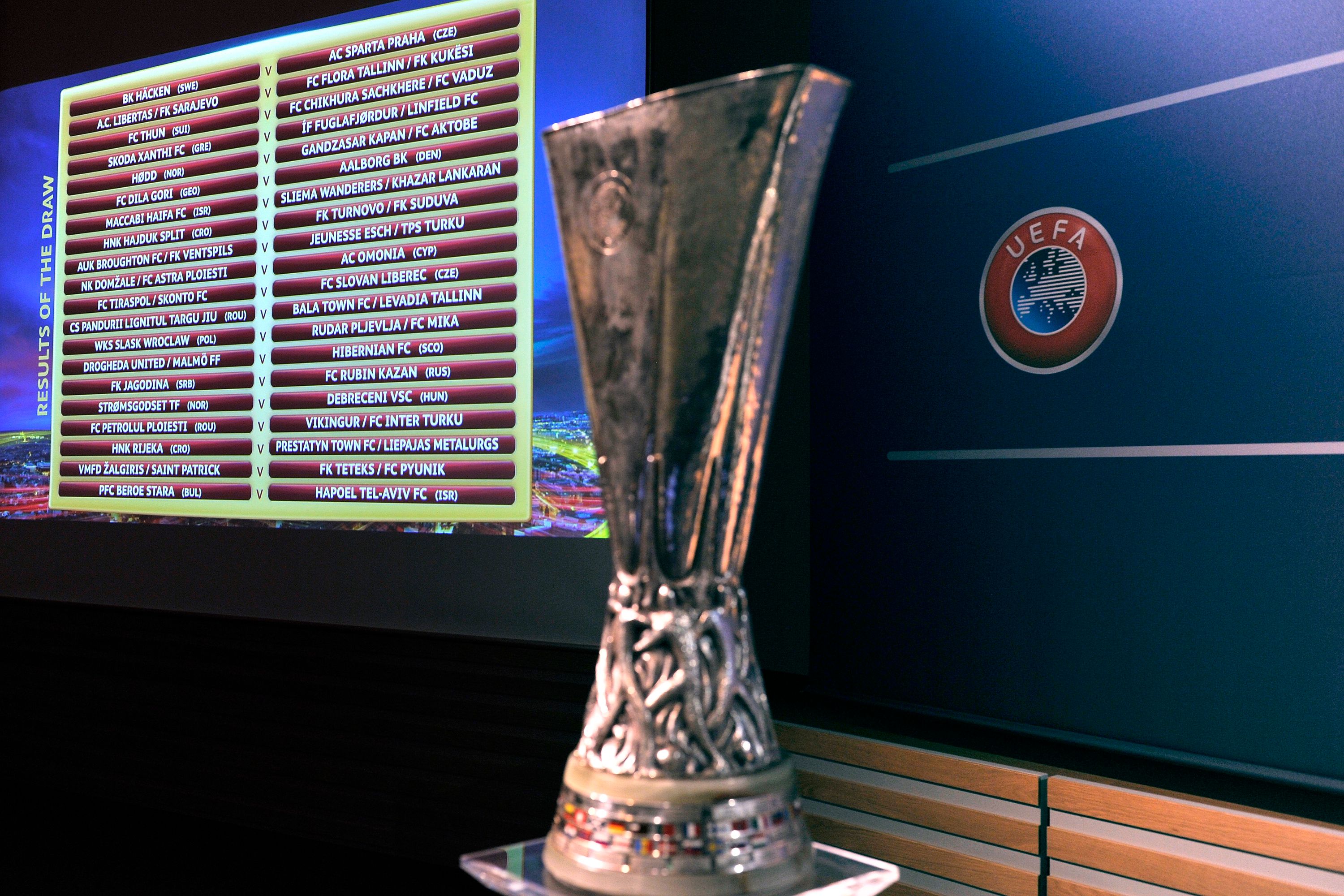 The UEFA Europa League qualifying round draw results are seen at the UEFA headquarters
